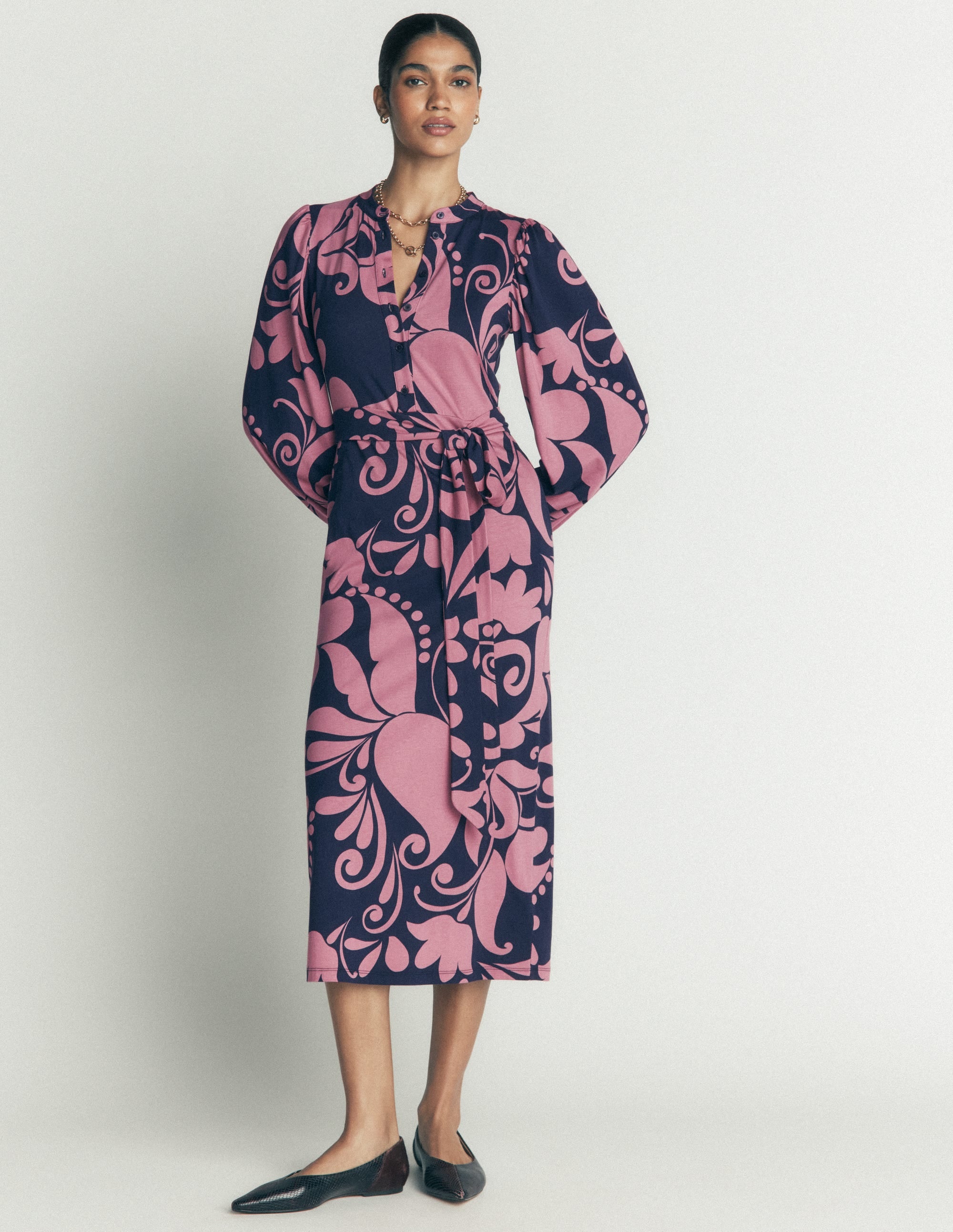 Eli Belted Jersey Midi Dress - Pink Heather, Floral Breeze | Boden USA