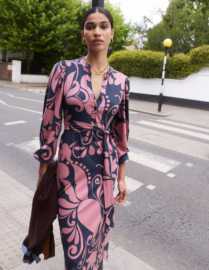 Eli Belted Jersey Midi Dress-Pink Heather, Floral Breeze