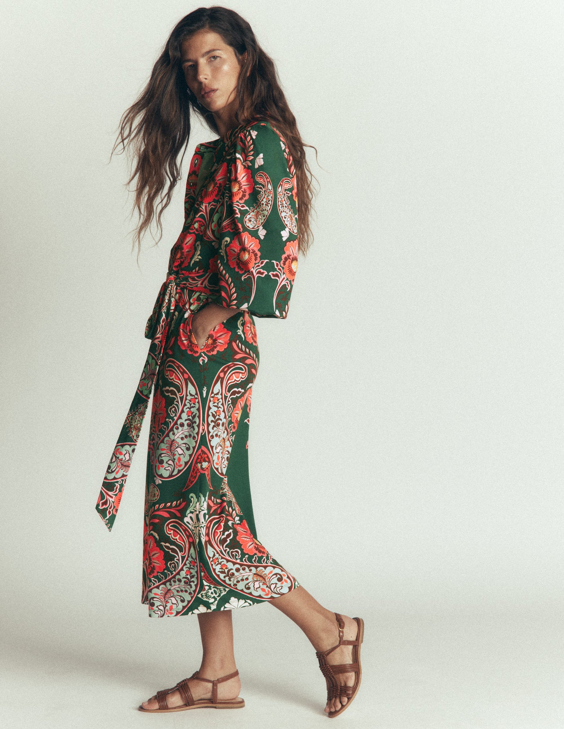 Eli Belted Jersey Midi Dress-Hunter Green, Bohemia Dream-1