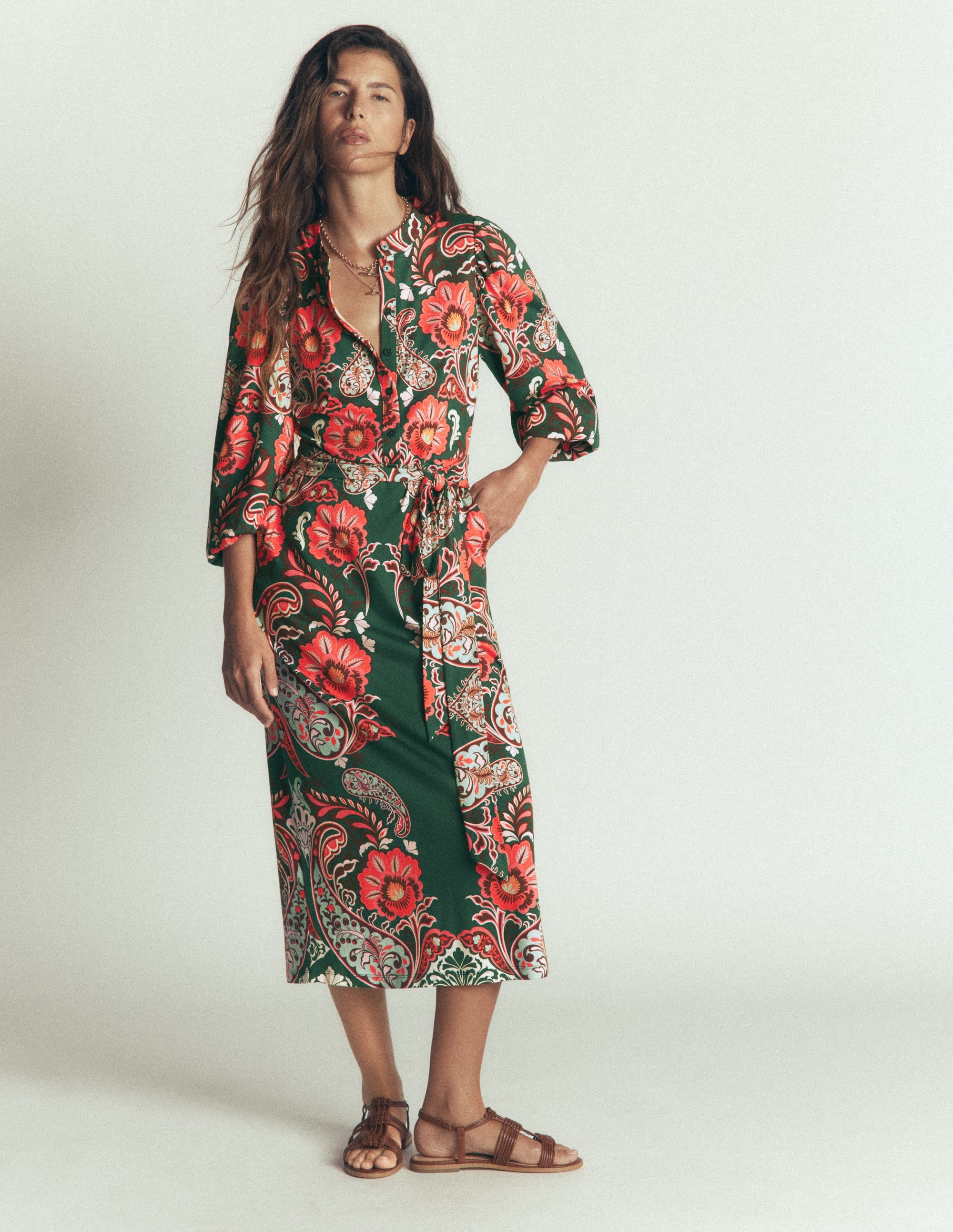 Eli Belted Jersey Midi Dress-Hunter Green, Bohemia Dream - Image 4