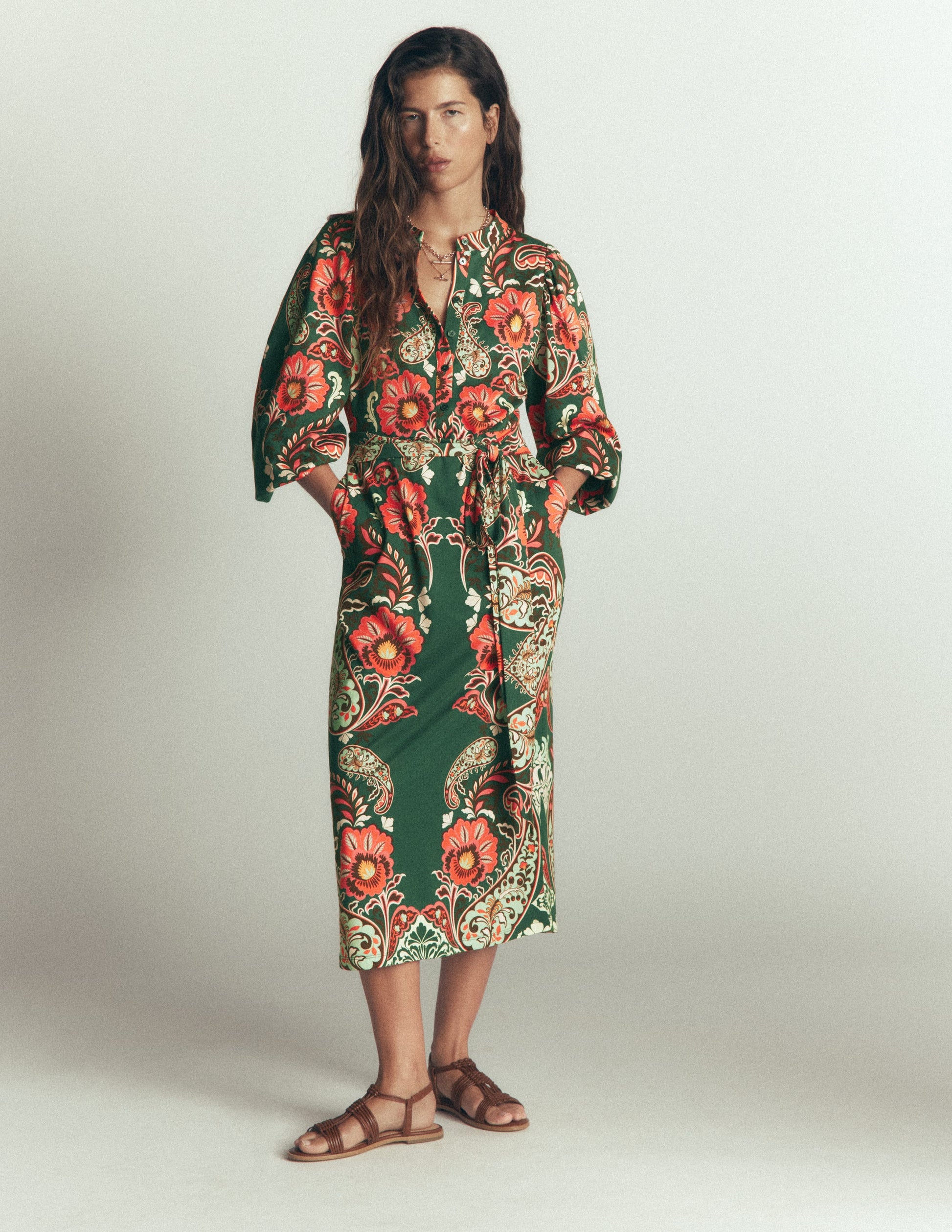 Boden Women's Eli Belted Jersey Midi Dress in Green