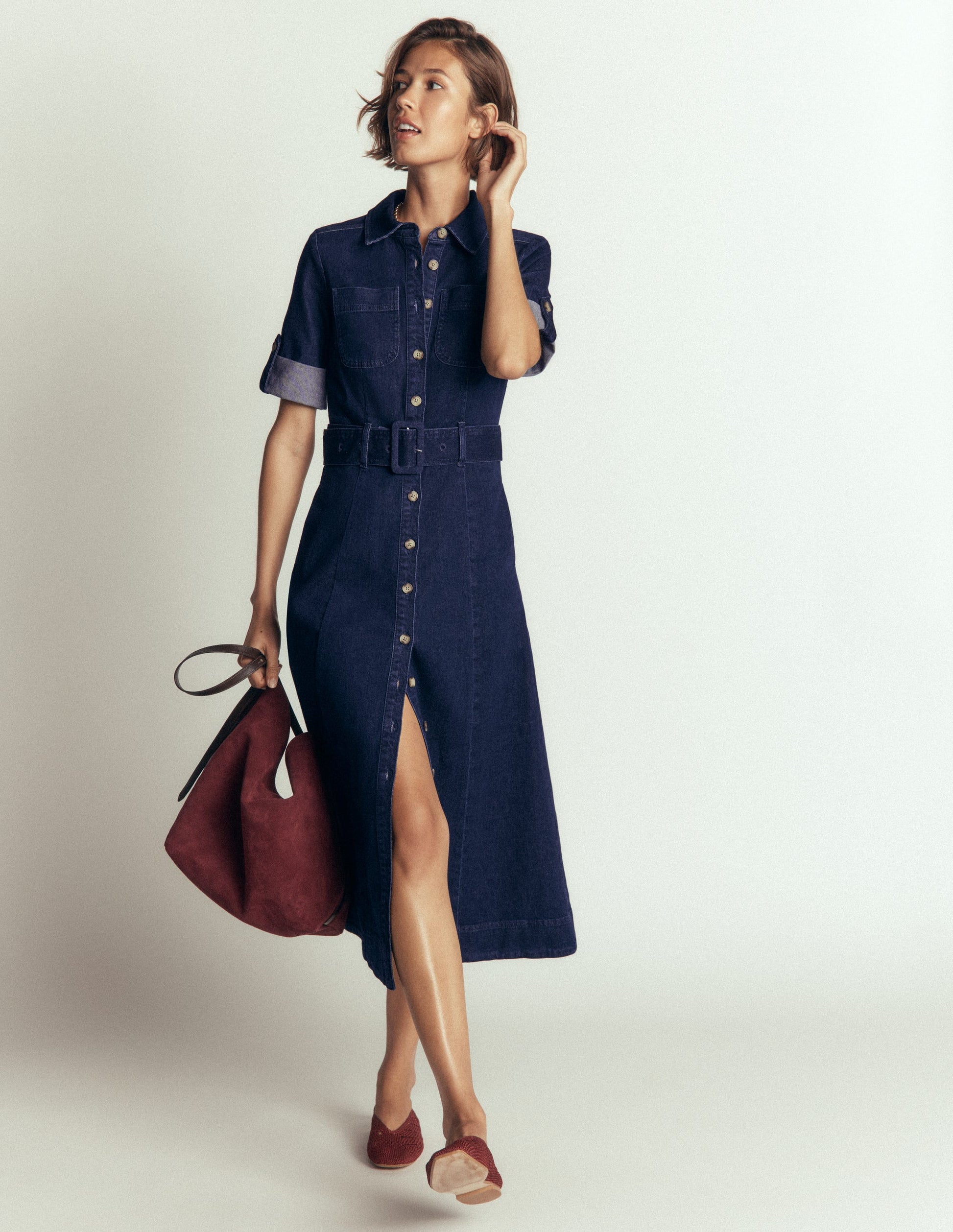 Denim Midi Shirt Dress-Indigo-1