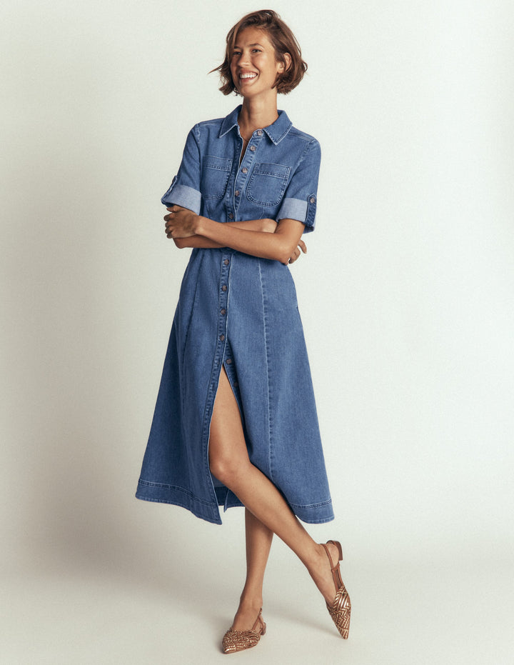 Denim Midi Shirt Dress-Light Vintage