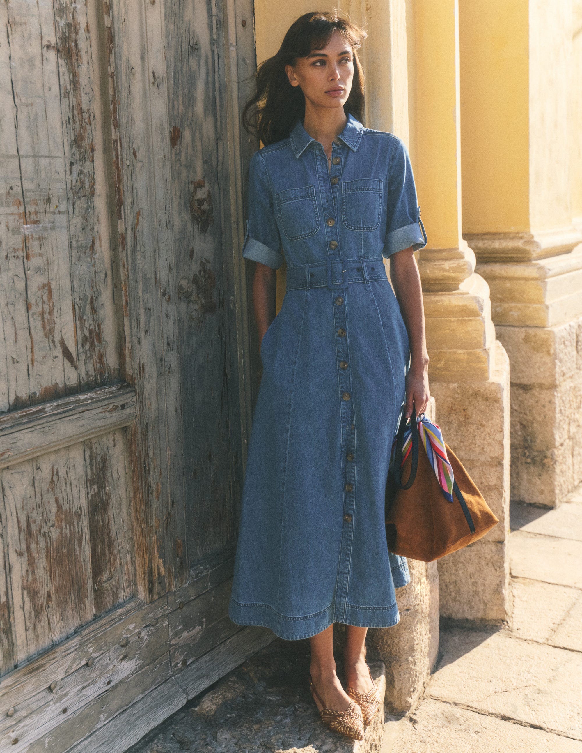 Denim Midi Shirt Dress - Light Vintage