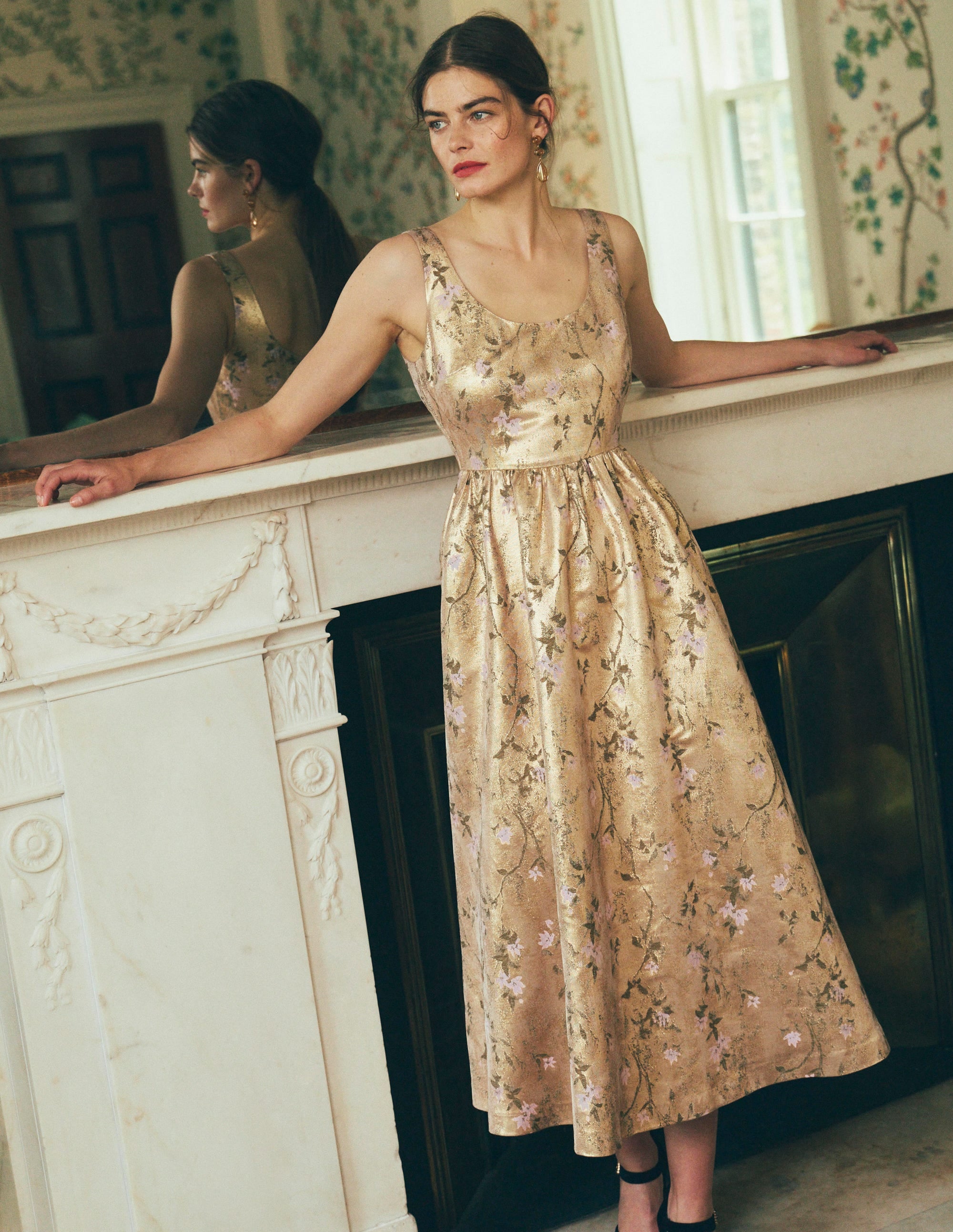 Scoop Neck Fit and Flare Dress-Gold Jacquard - Image 1