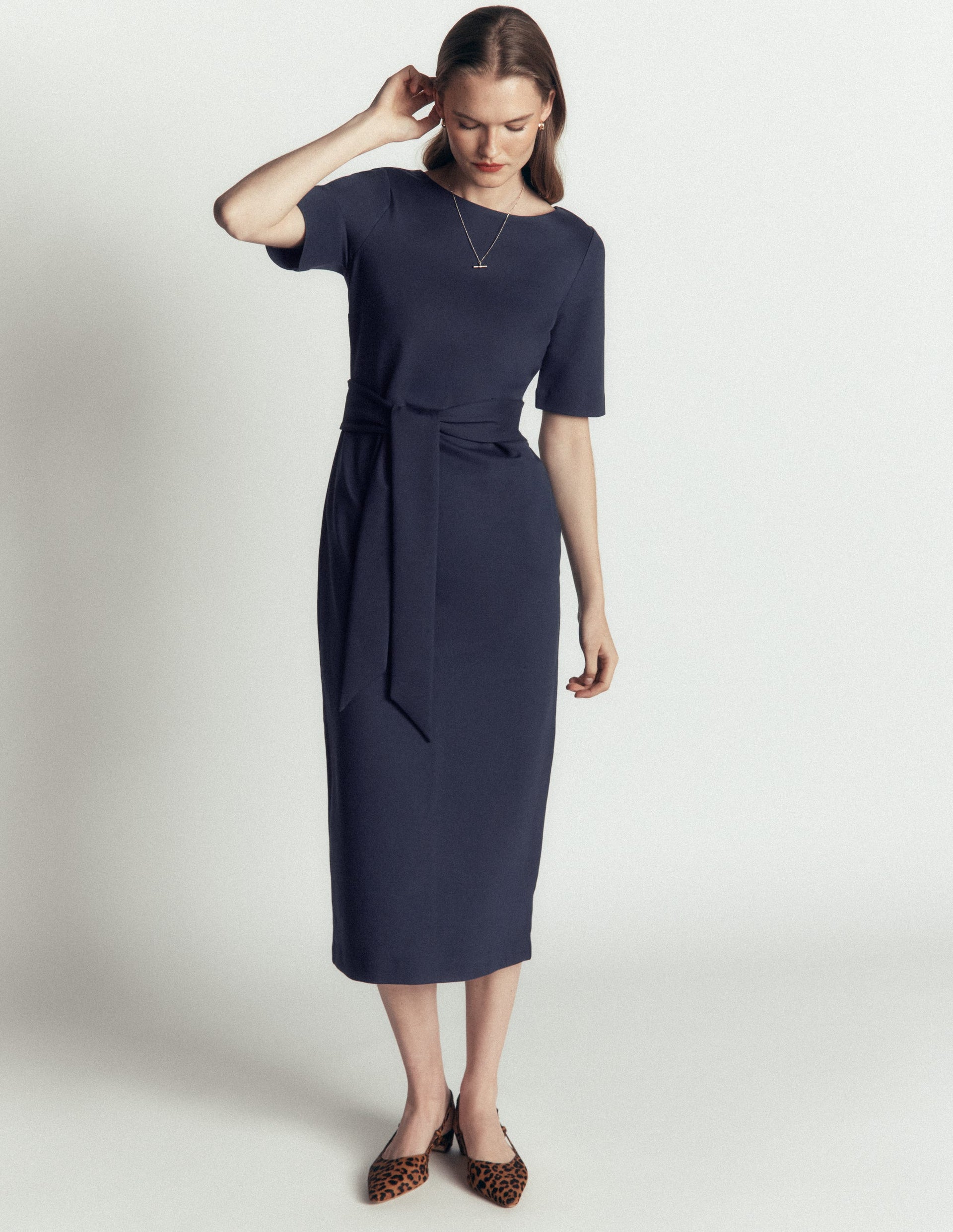 Belted Ponte Midi Dress - Navy