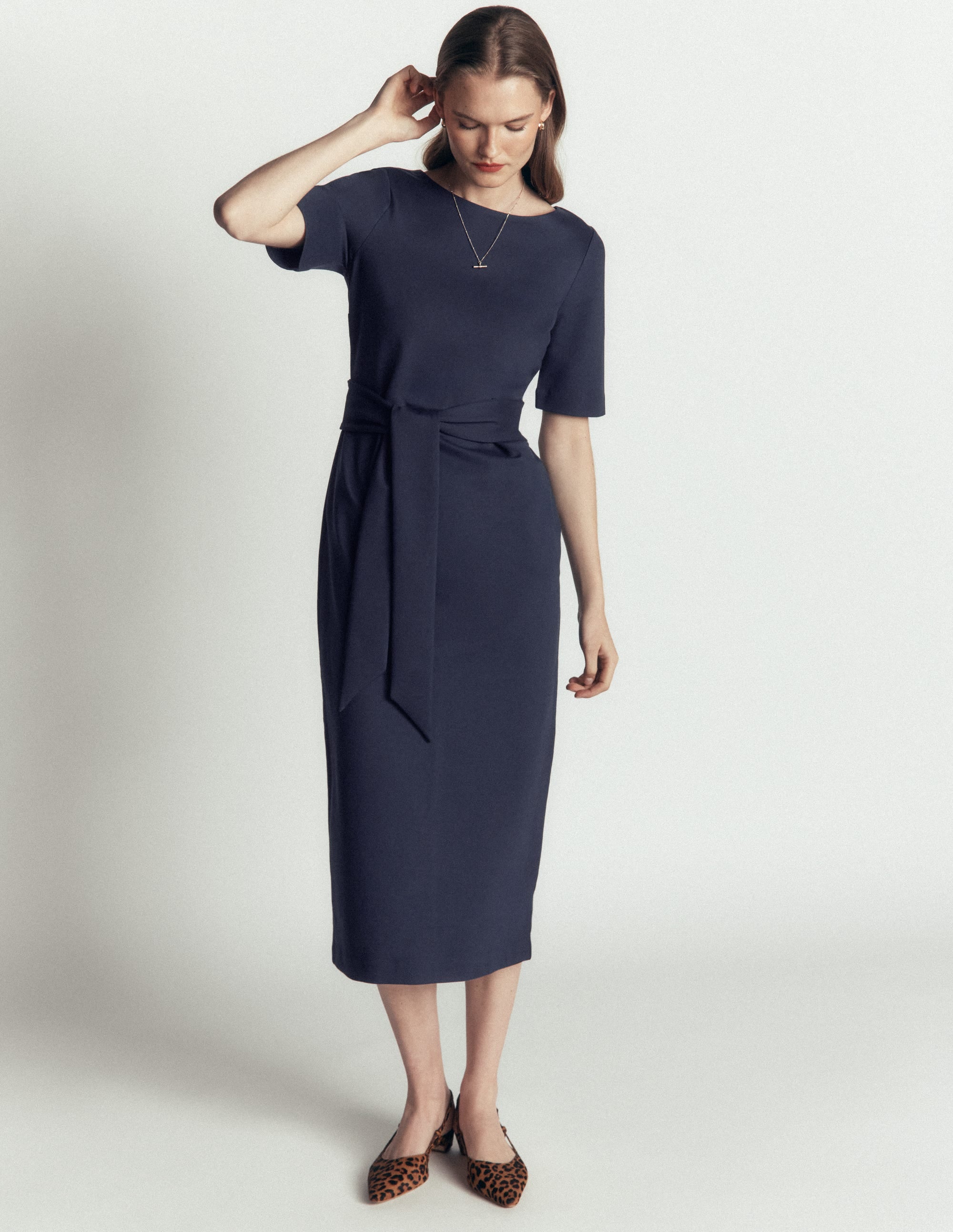 Belted Ponte Midi Dress-Navy - Image 1