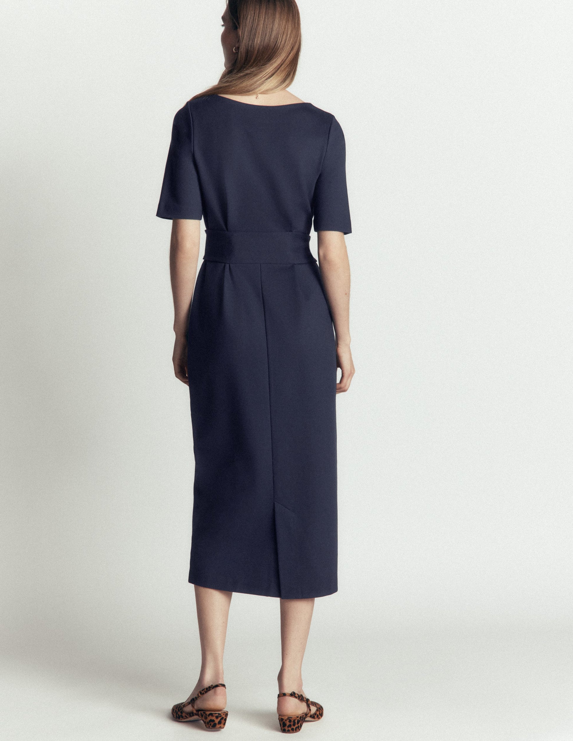 Belted Ponte Midi Dress-Navy-4