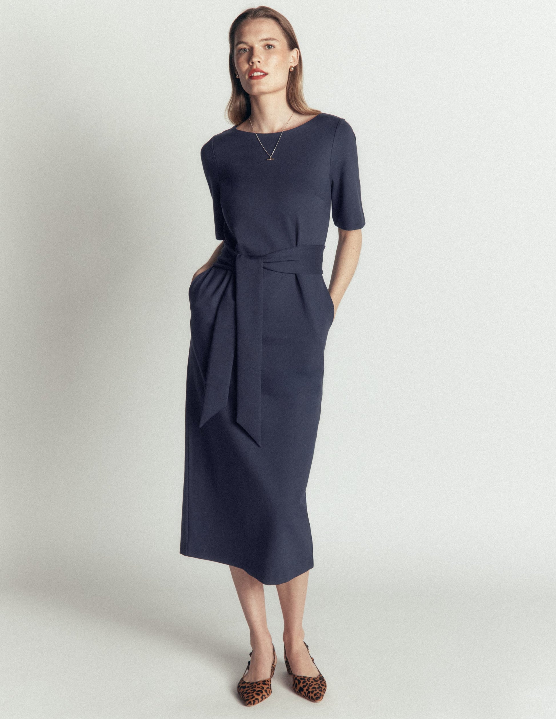 Belted Ponte Midi Dress-Navy-5