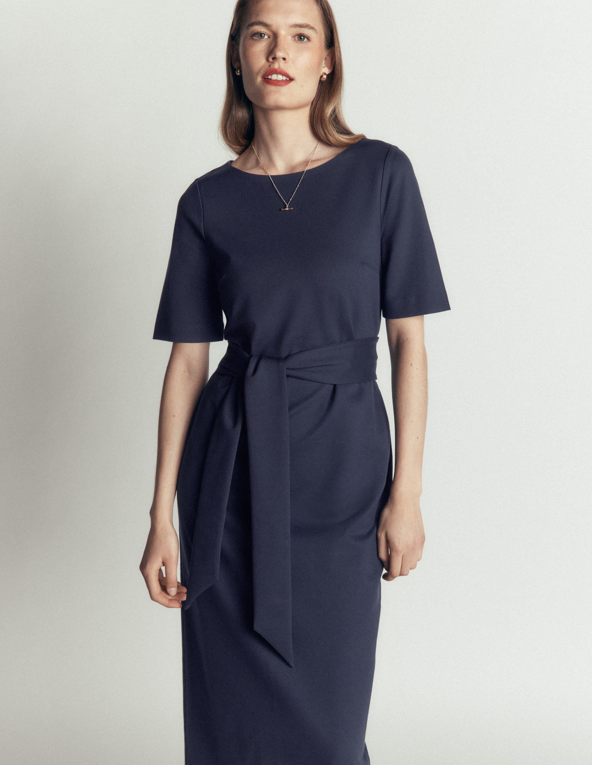 Belted Ponte Midi Dress-Navy - Image 5
