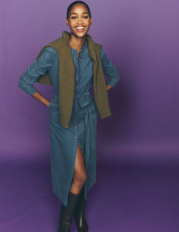 Louise Cord Midi Shirt Dress-Storm Blue