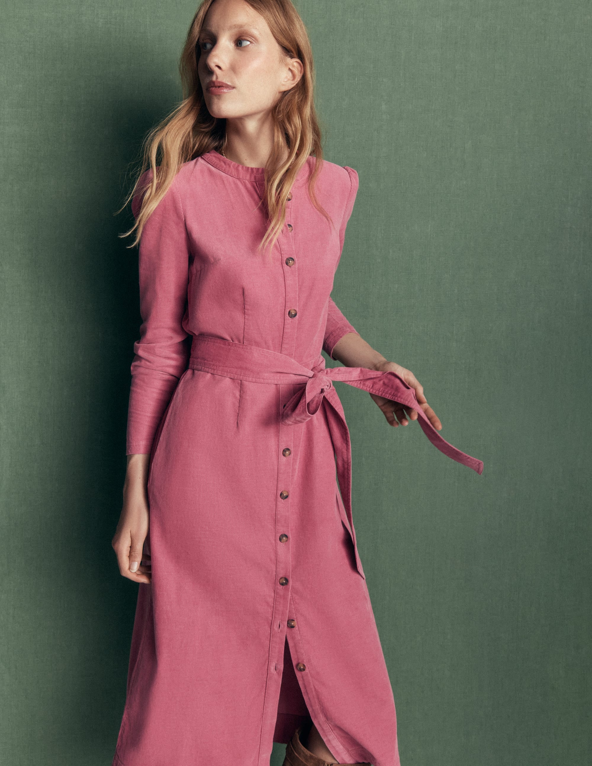 Louise Cord Midi Shirt Dress-Pink Heather - Image 5