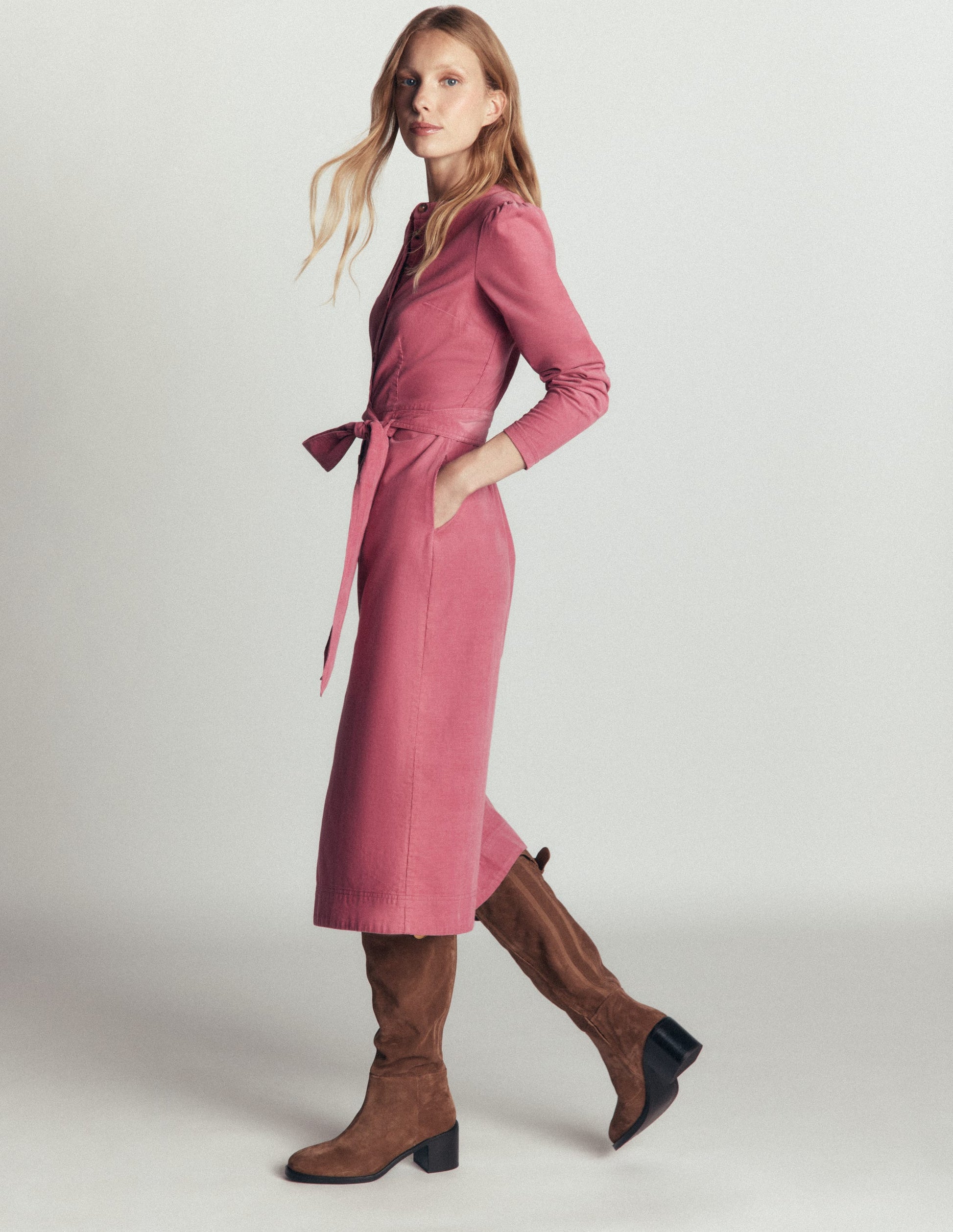 Boden Women's Louise Cord Midi Shirt Dress in Pink