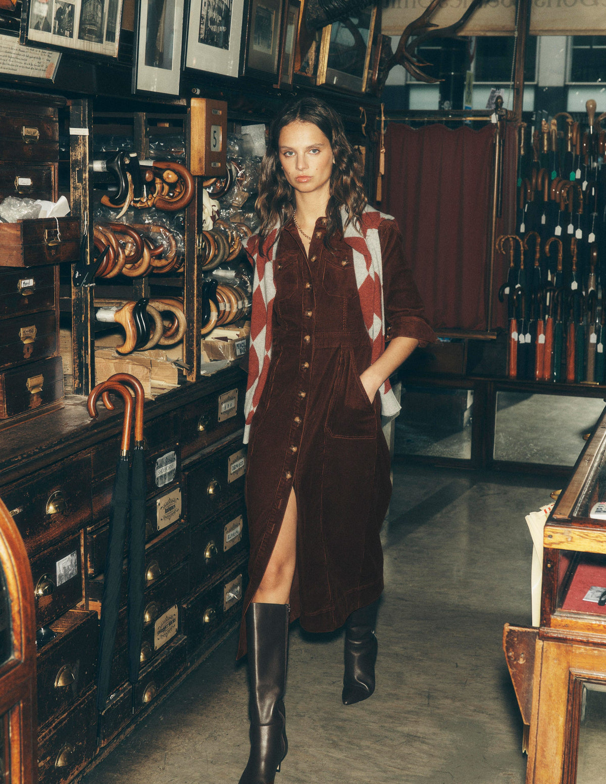 Fleur Cord Midi Dress-Raw Umber - Image 1