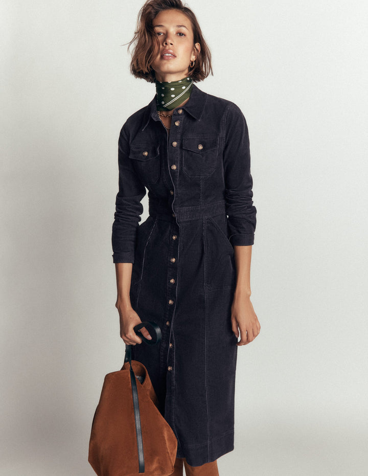 Fleur Cord Midi Dress-Navy