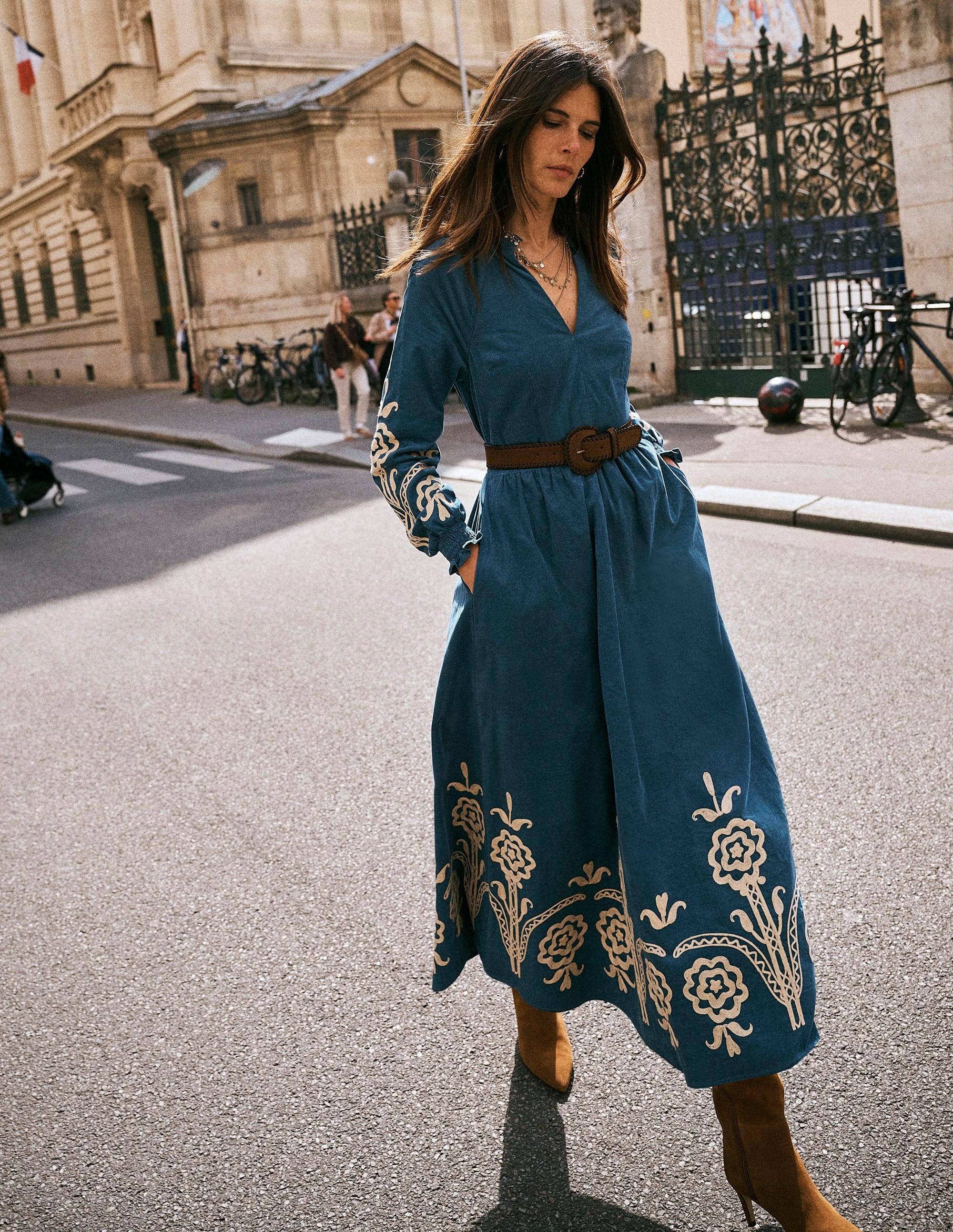Smocked Cord Midi Dress-Storm Blue, Embroidery - Image 1