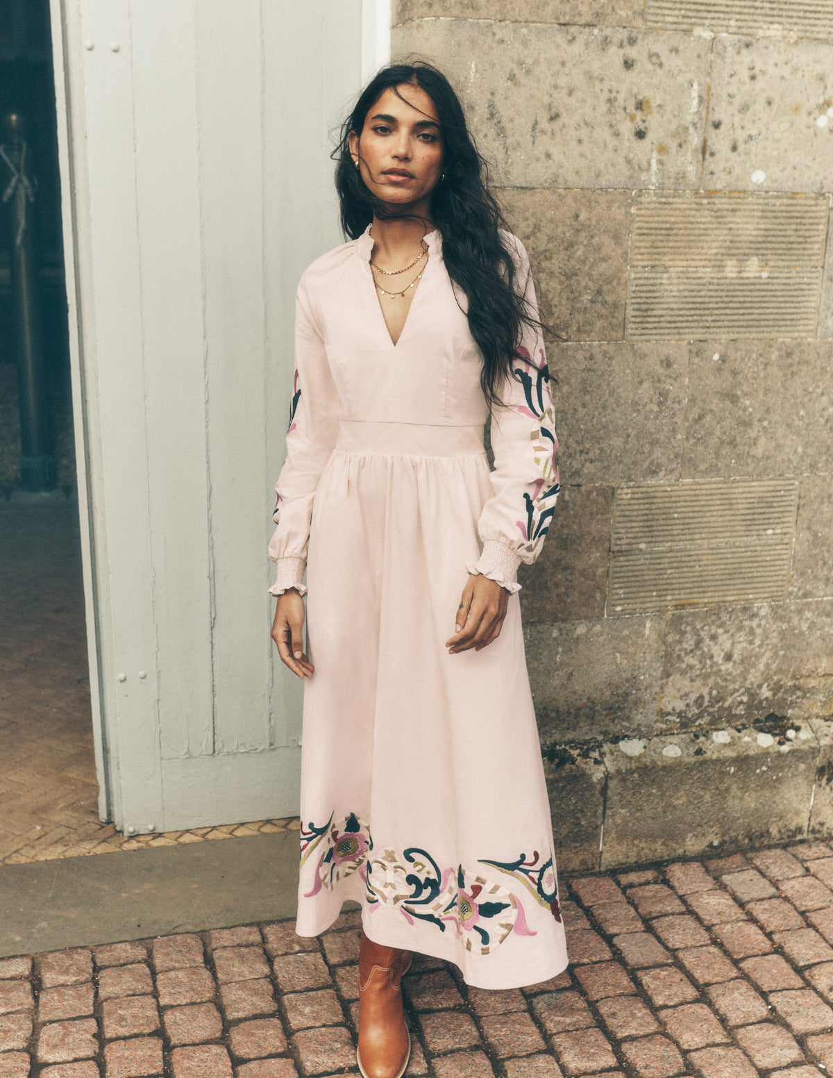 Smocked Cord Midi Dress-Almond Peach, Embroidery-6