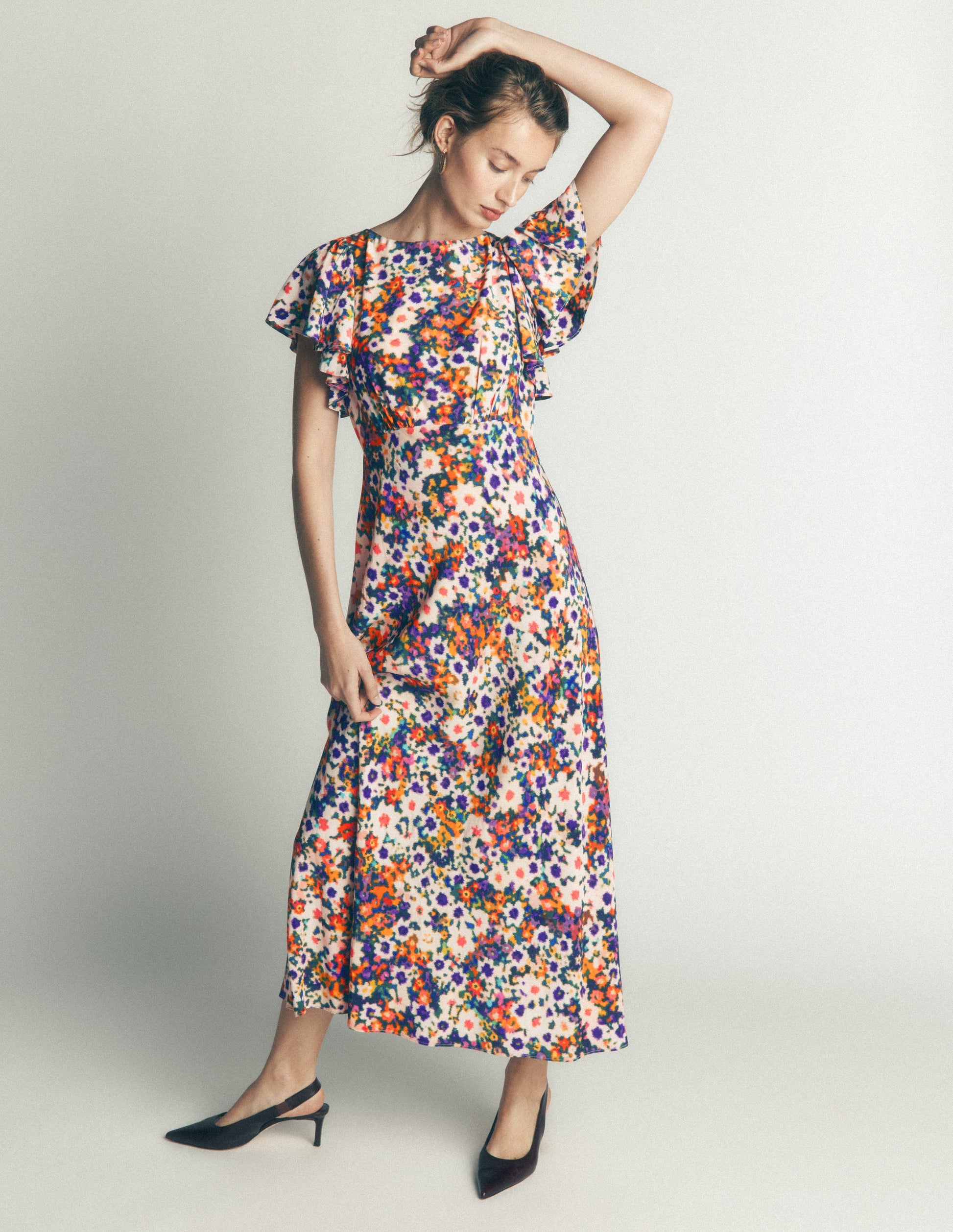 Draped Sleeve Occasion Dress-Multi, Flora Fusion-6