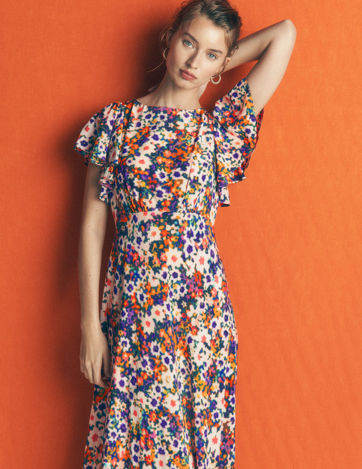 Draped Sleeve Occasion Dress-Multi, Flora Fusion