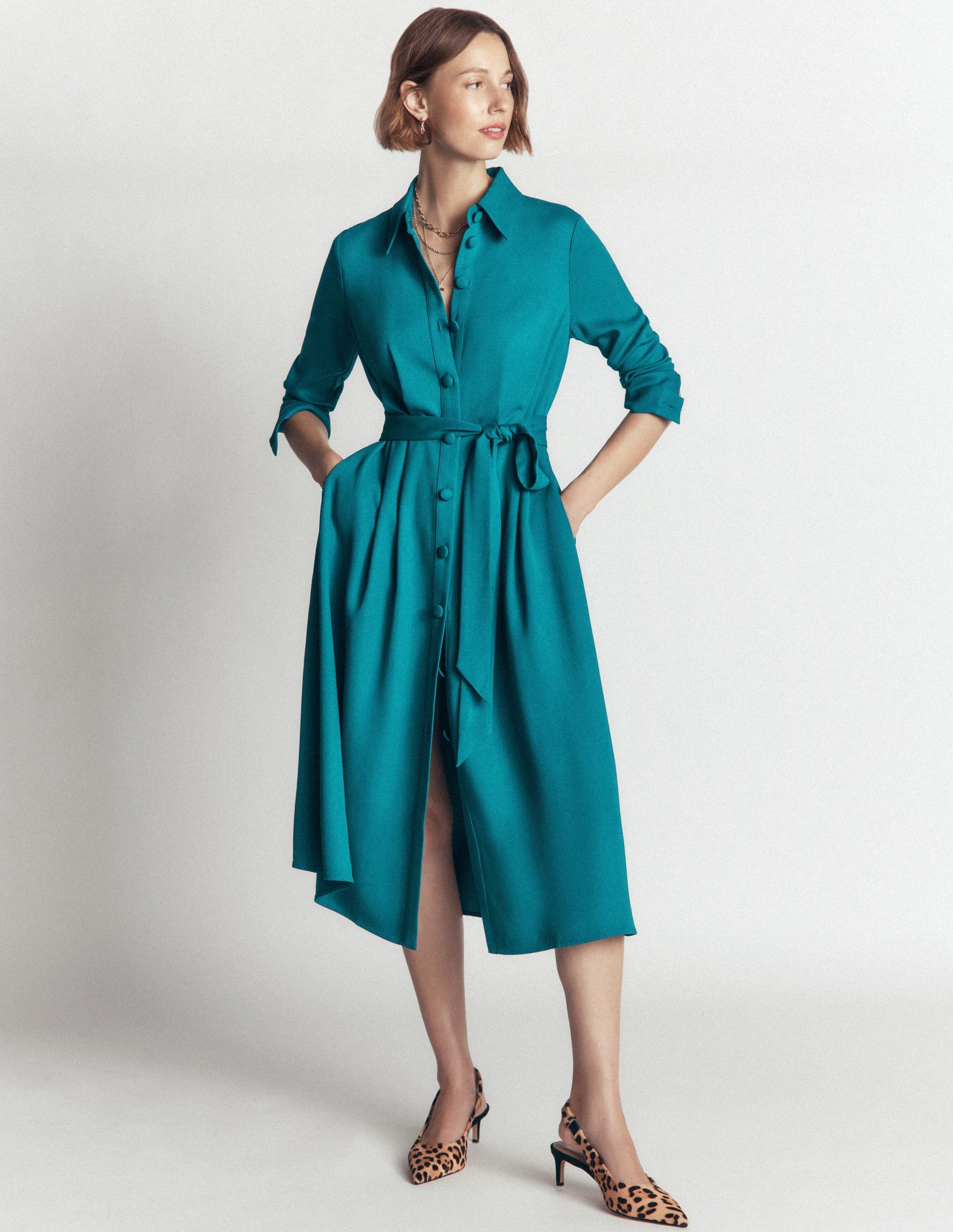 Kate Pleated Shirt Dress-Deep Sea Green-6
