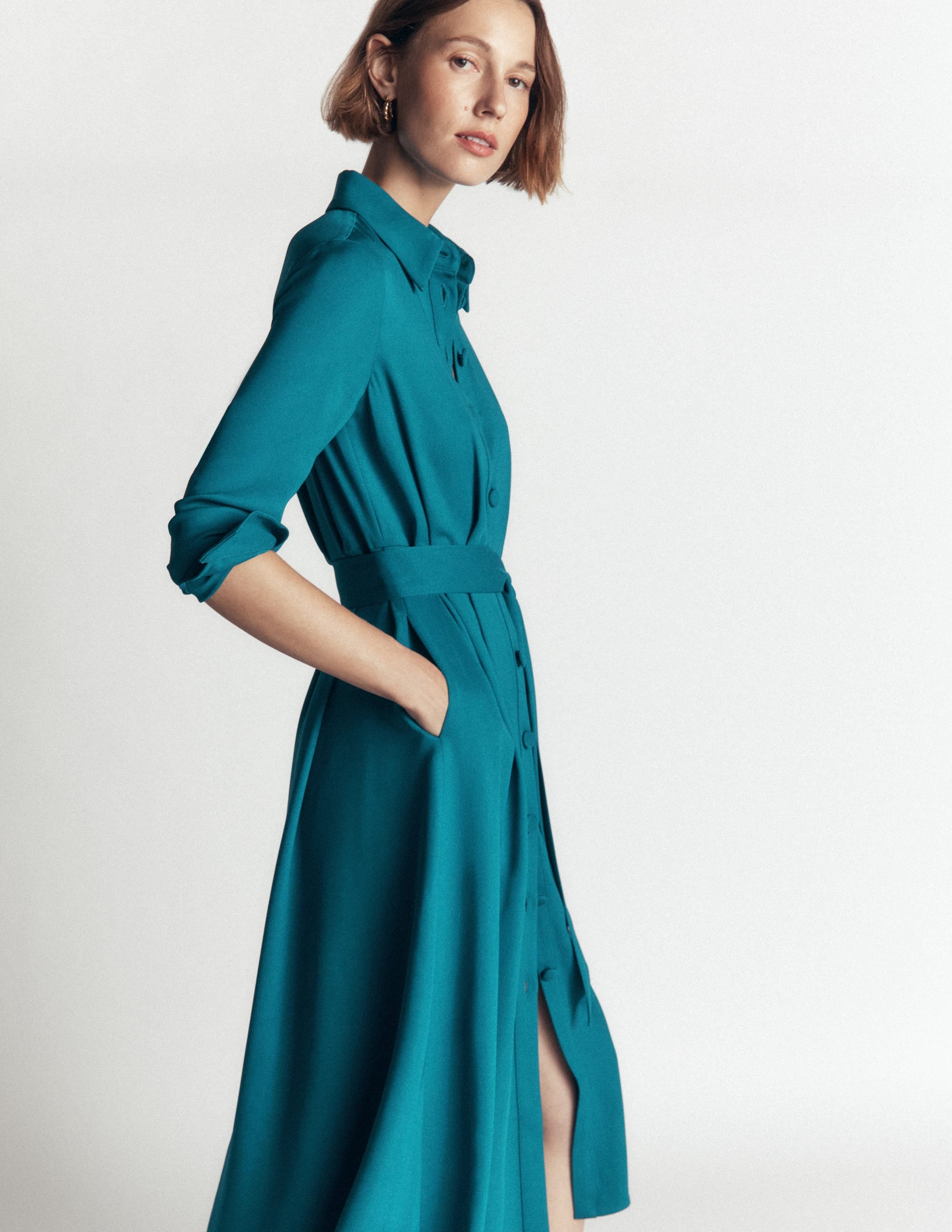 Kate Pleated Shirt Dress-Deep Sea Green - Image 7