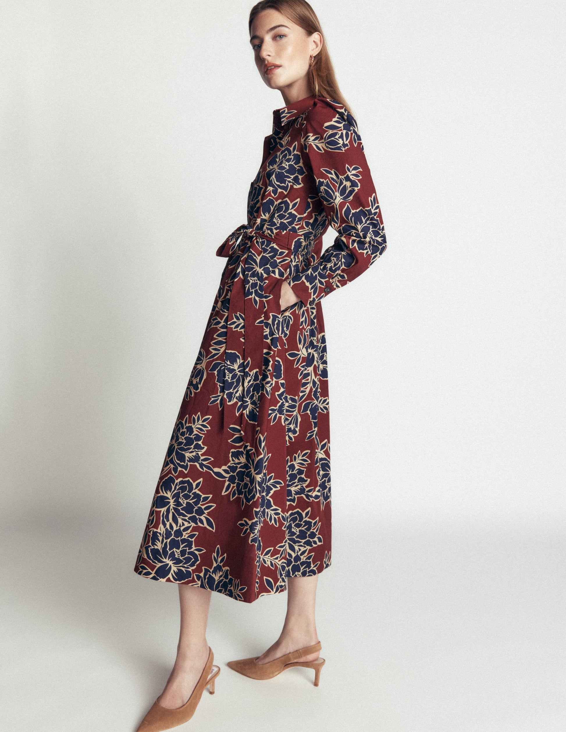 Maeve Cotton Midi Shirt Dress-Brown, Enchanted Peony Large-1