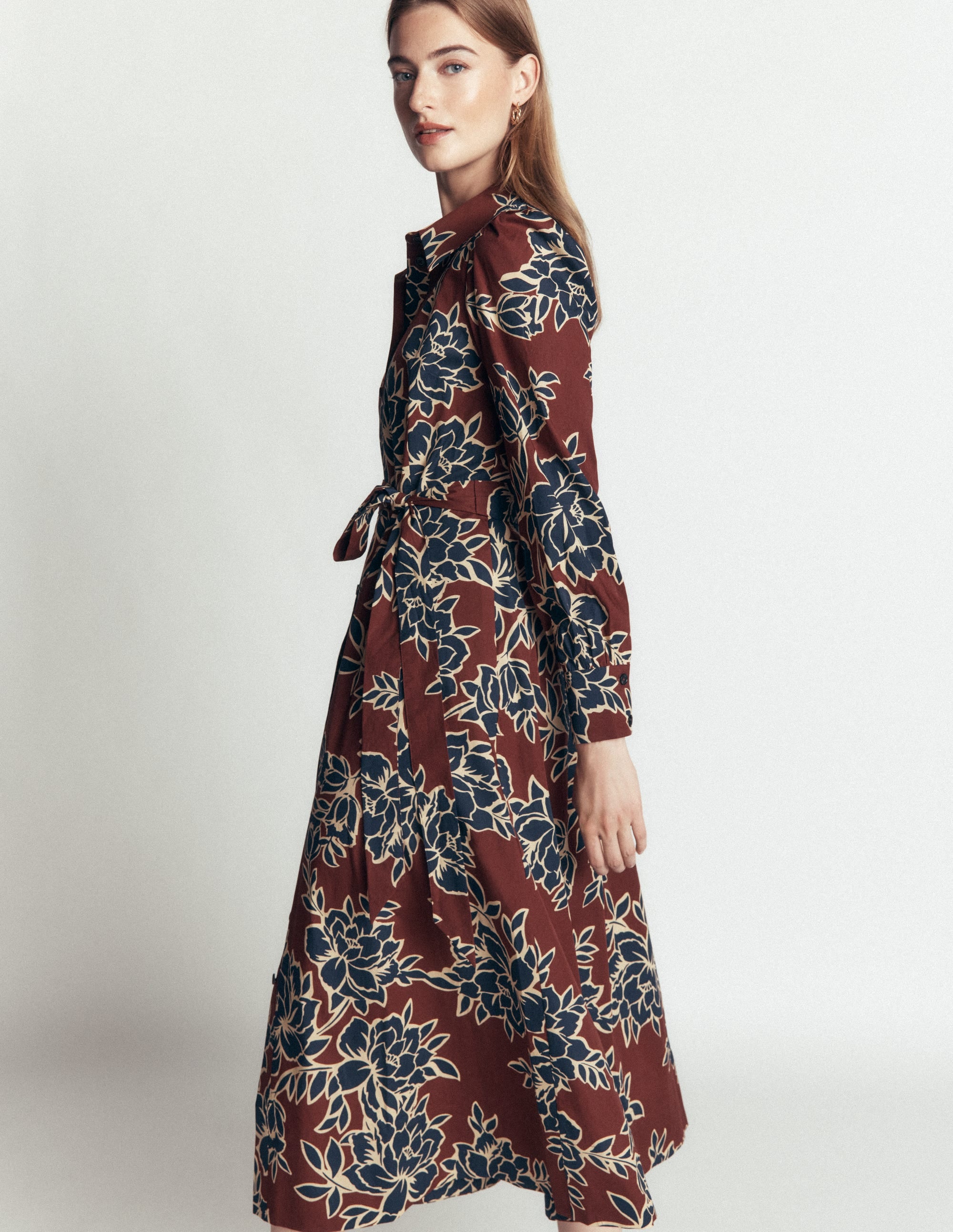 Maeve Cotton Midi Shirt Dress-Brown, Enchanted Peony Large - Image 2