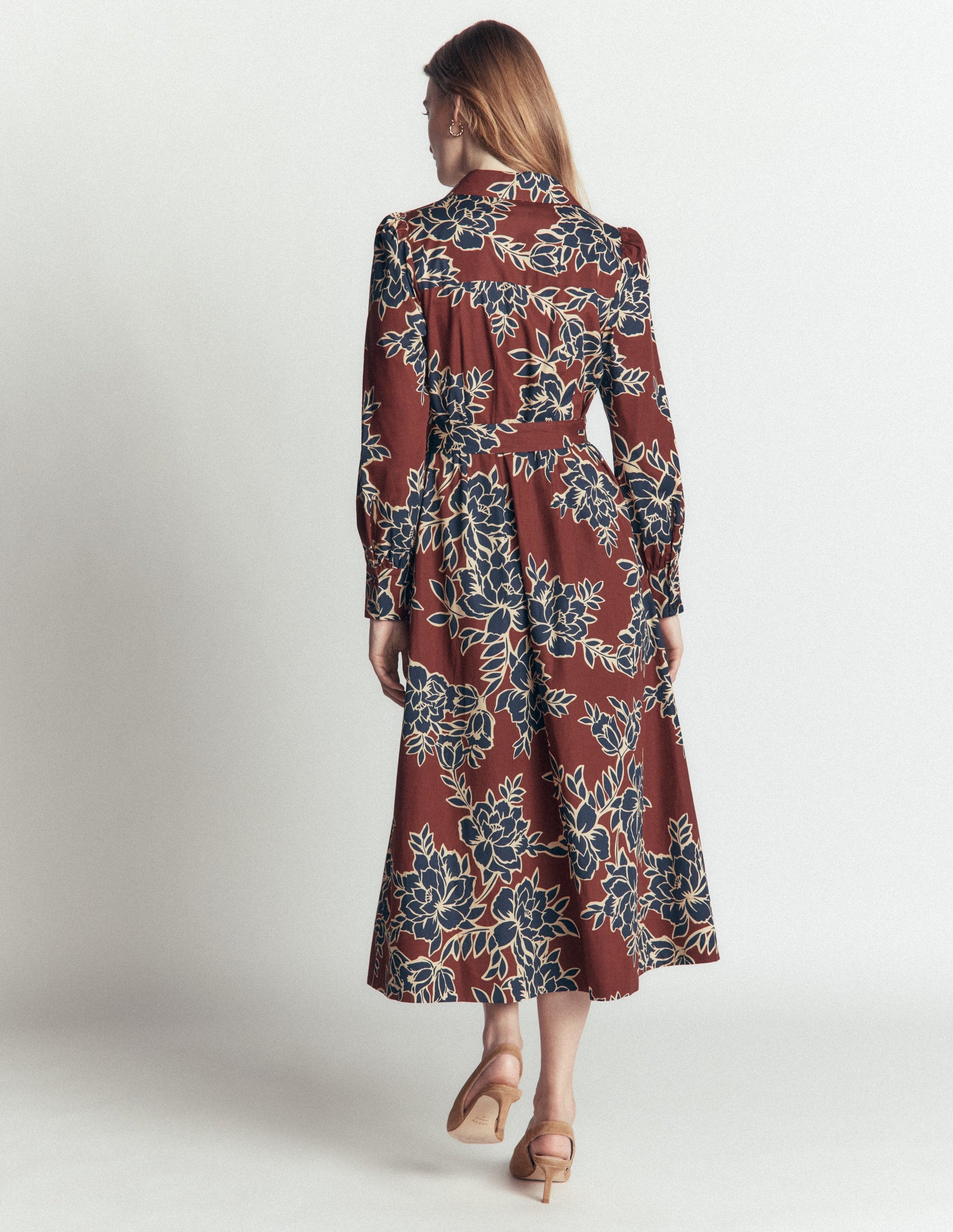 Maeve Cotton Midi Shirt Dress-Brown, Enchanted Peony Large-3
