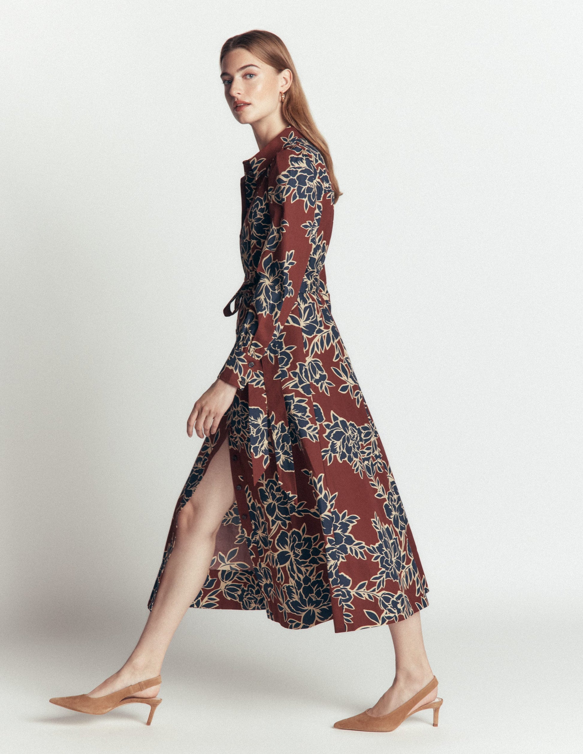 Maeve Cotton Midi Shirt Dress-Brown, Enchanted Peony Large-4