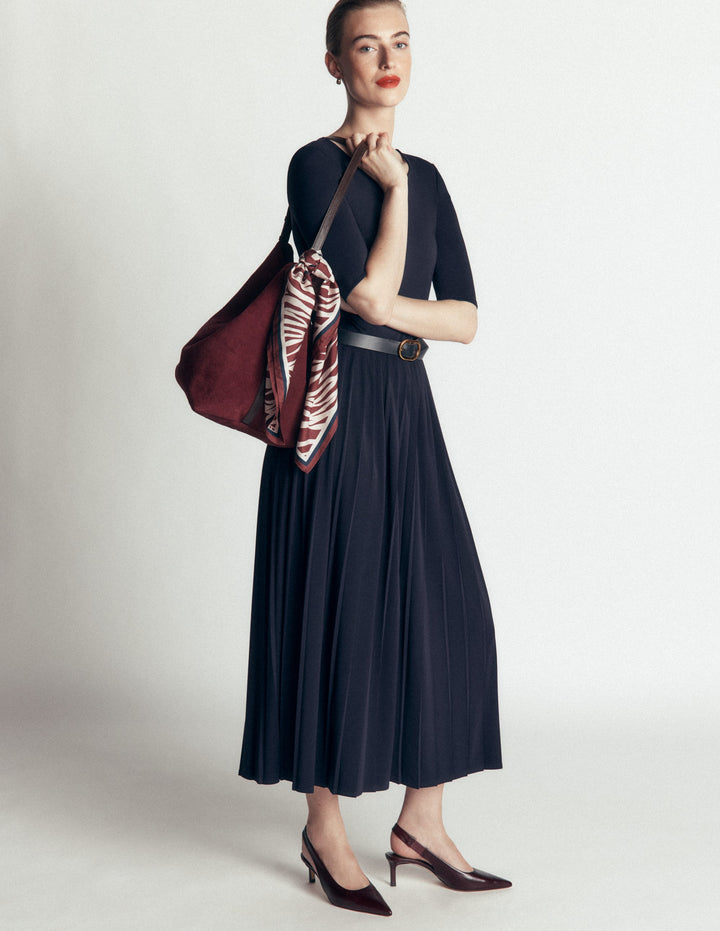 Pleated Jersey Midi Dress-Navy