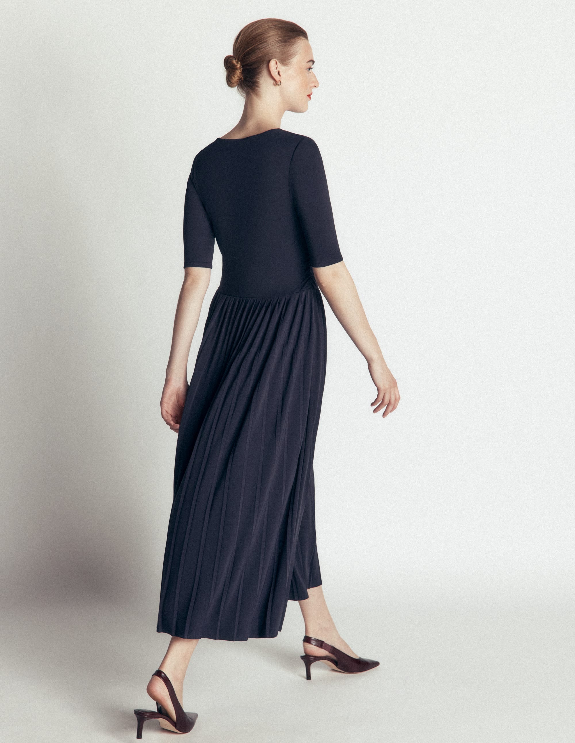 Pleated Jersey Midi Dress-Navy - Image 4