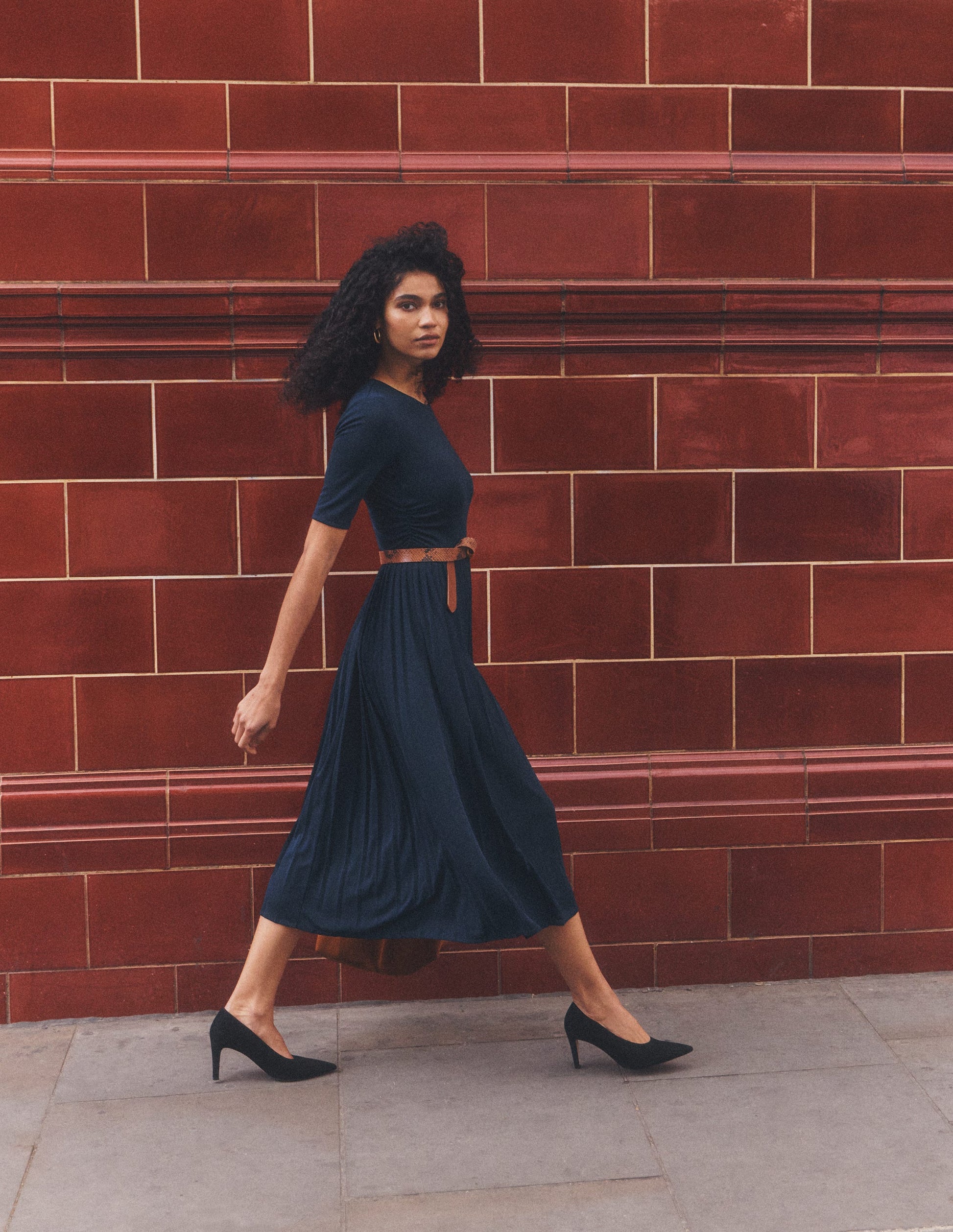 Pleated Jersey Midi Dress-Navy-1