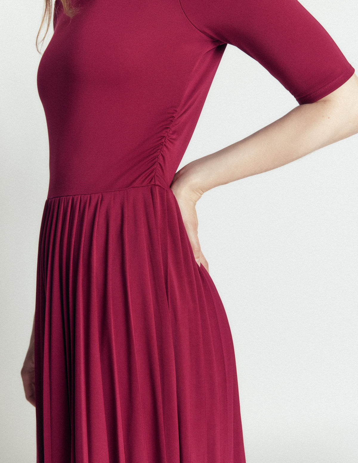 Pleated Jersey Midi Dress-Beetroot Red-3