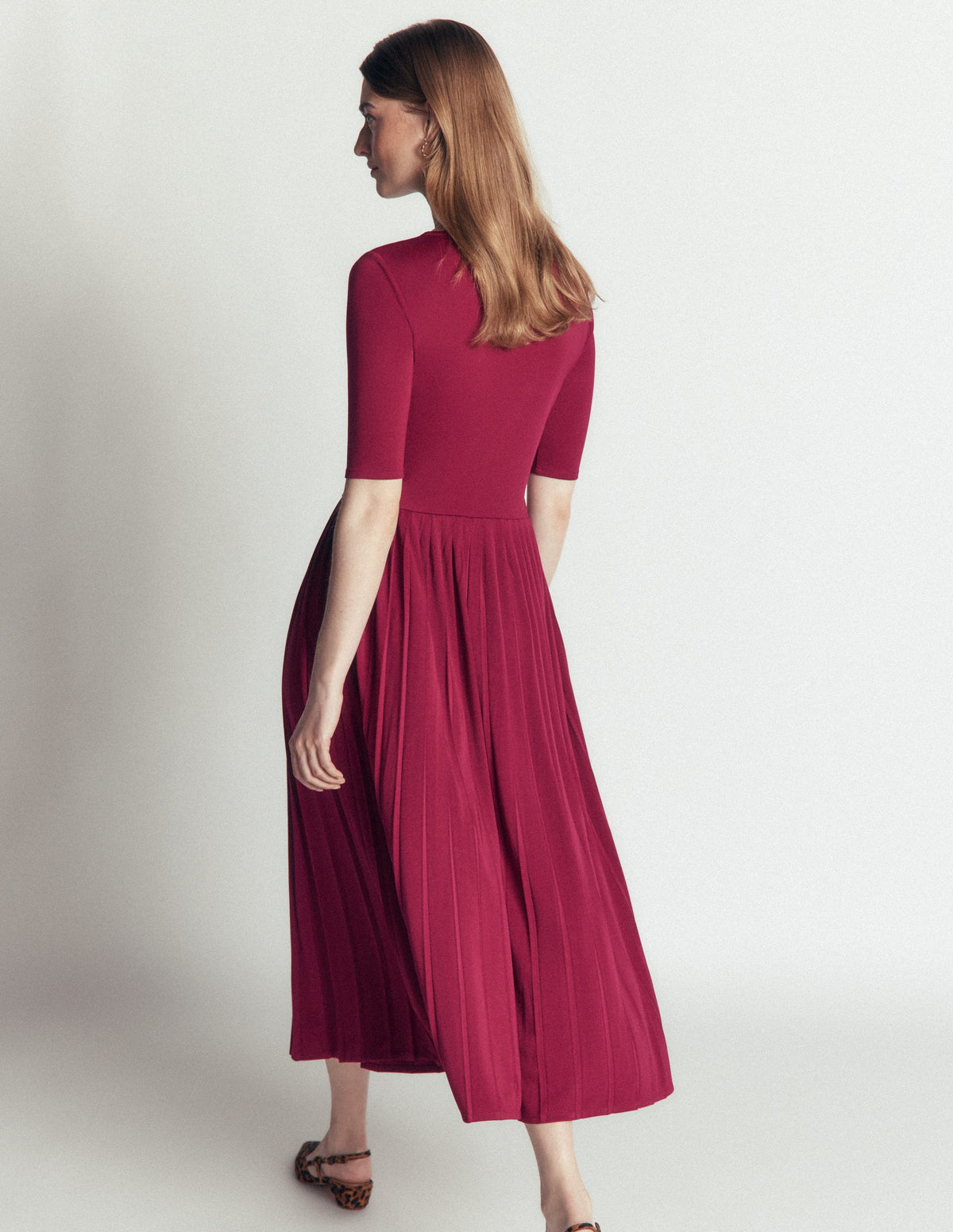 Pleated Jersey Midi Dress-Beetroot Red - Image 4