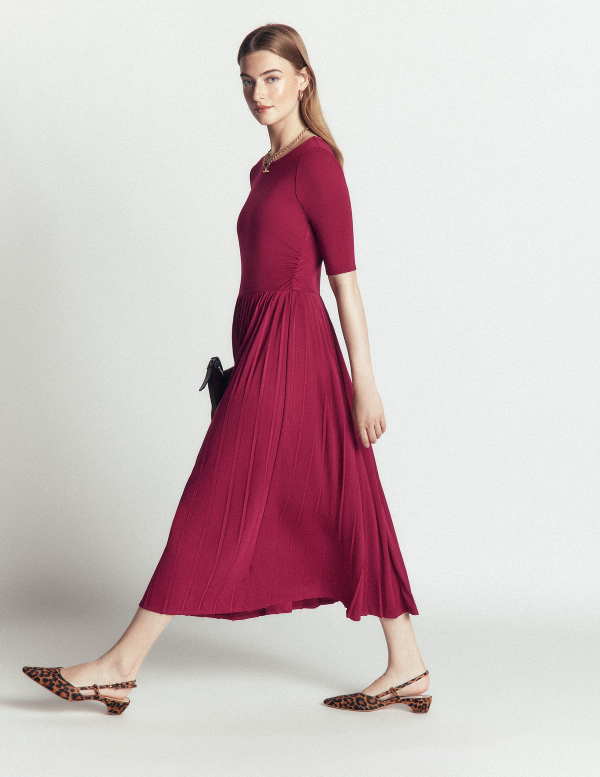 Pleated Jersey Midi Dress-Beetroot Red-5