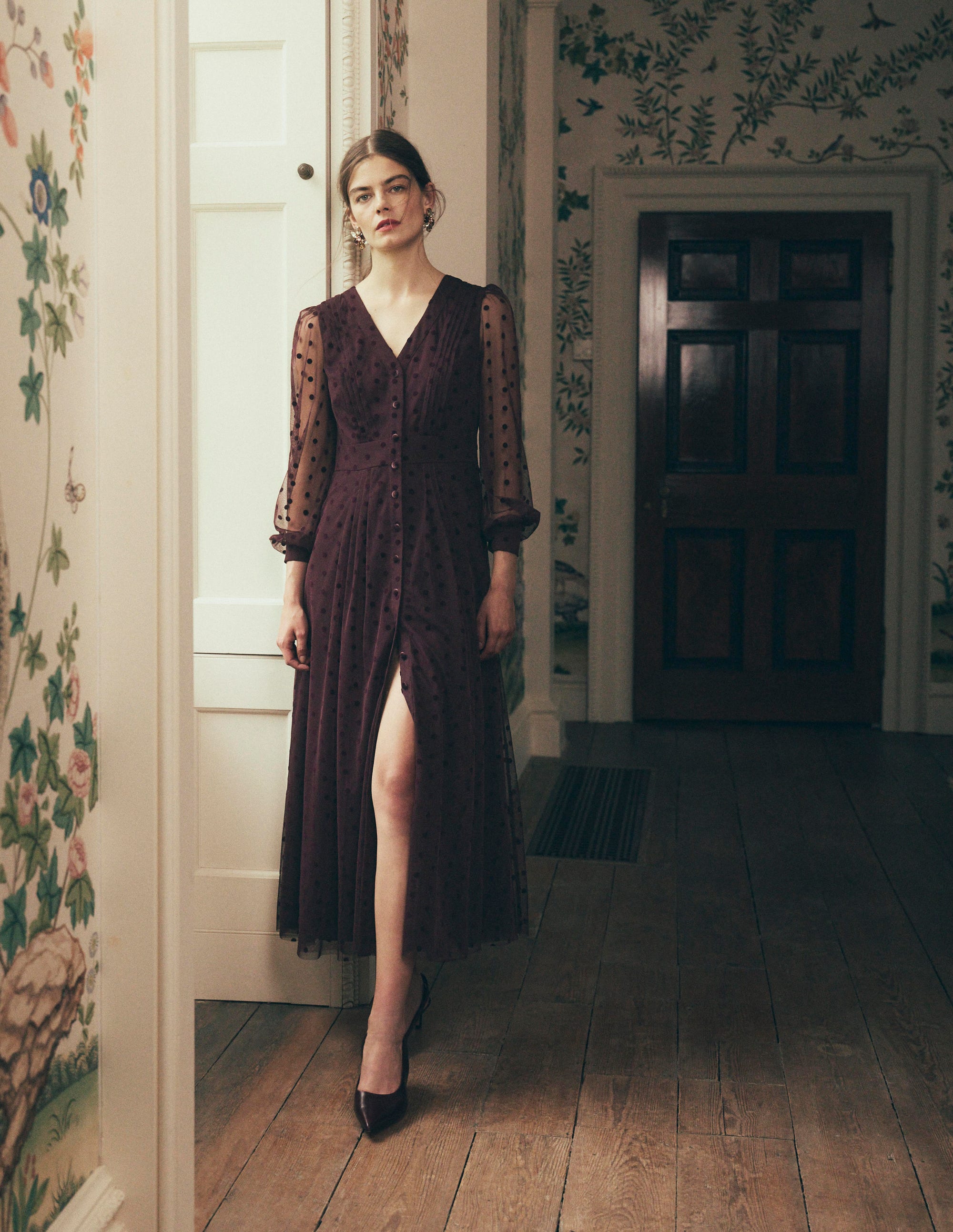 Pleated Tulle Midi Dress-Dark Cherry - Image 1