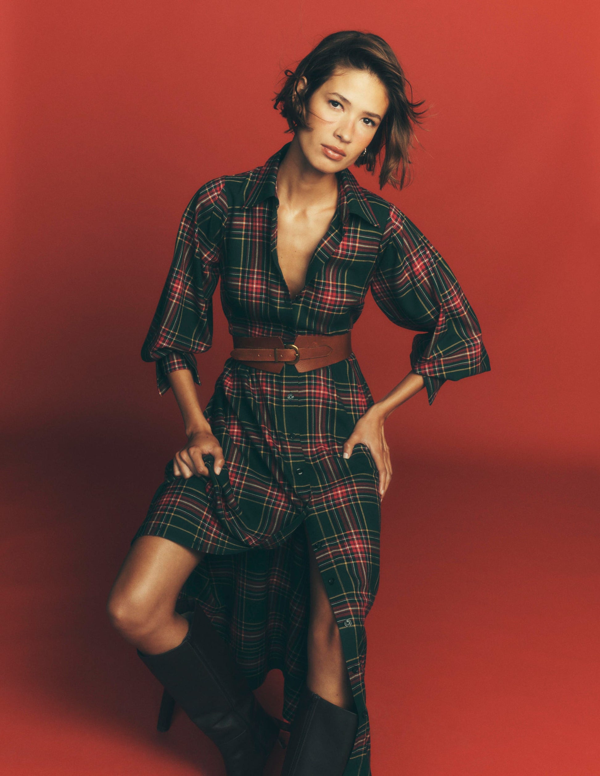 Maeve Check Midi Shirt Dress-Green, Navy and Red Check-1