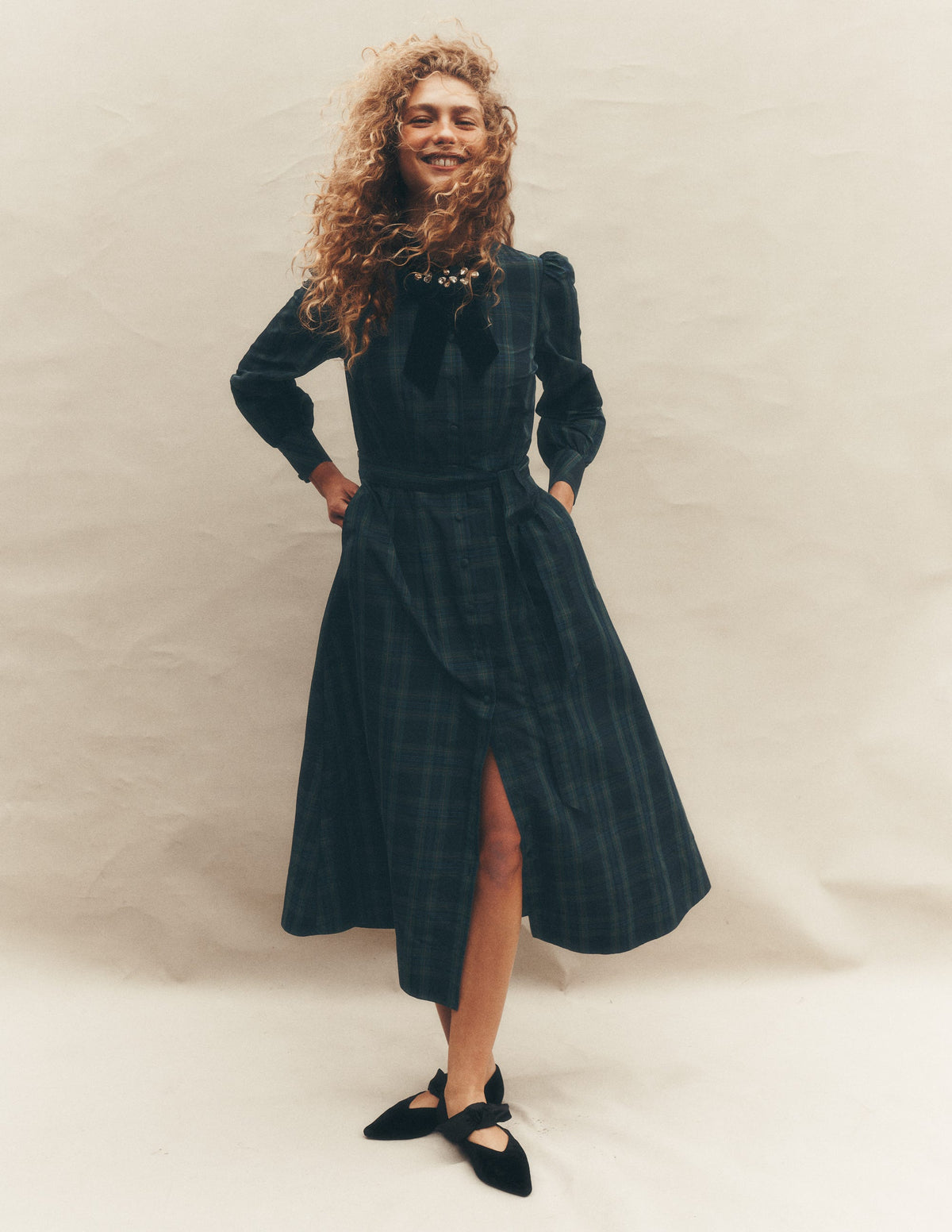 Maeve Occasion Shirt Dress-Navy, Green and Blue Check-1