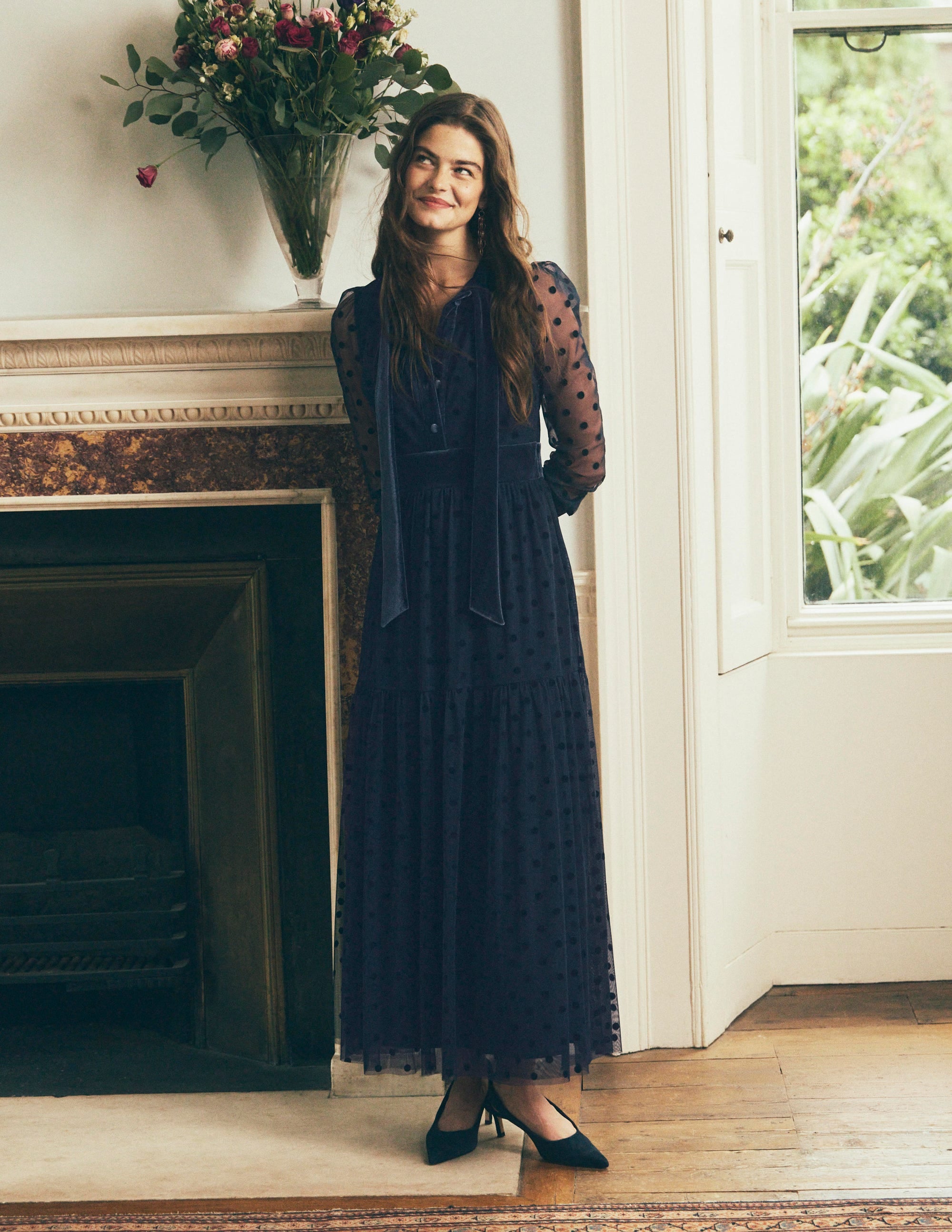 Tie Neck Tiered Tulle Dress-Navy - Image 1