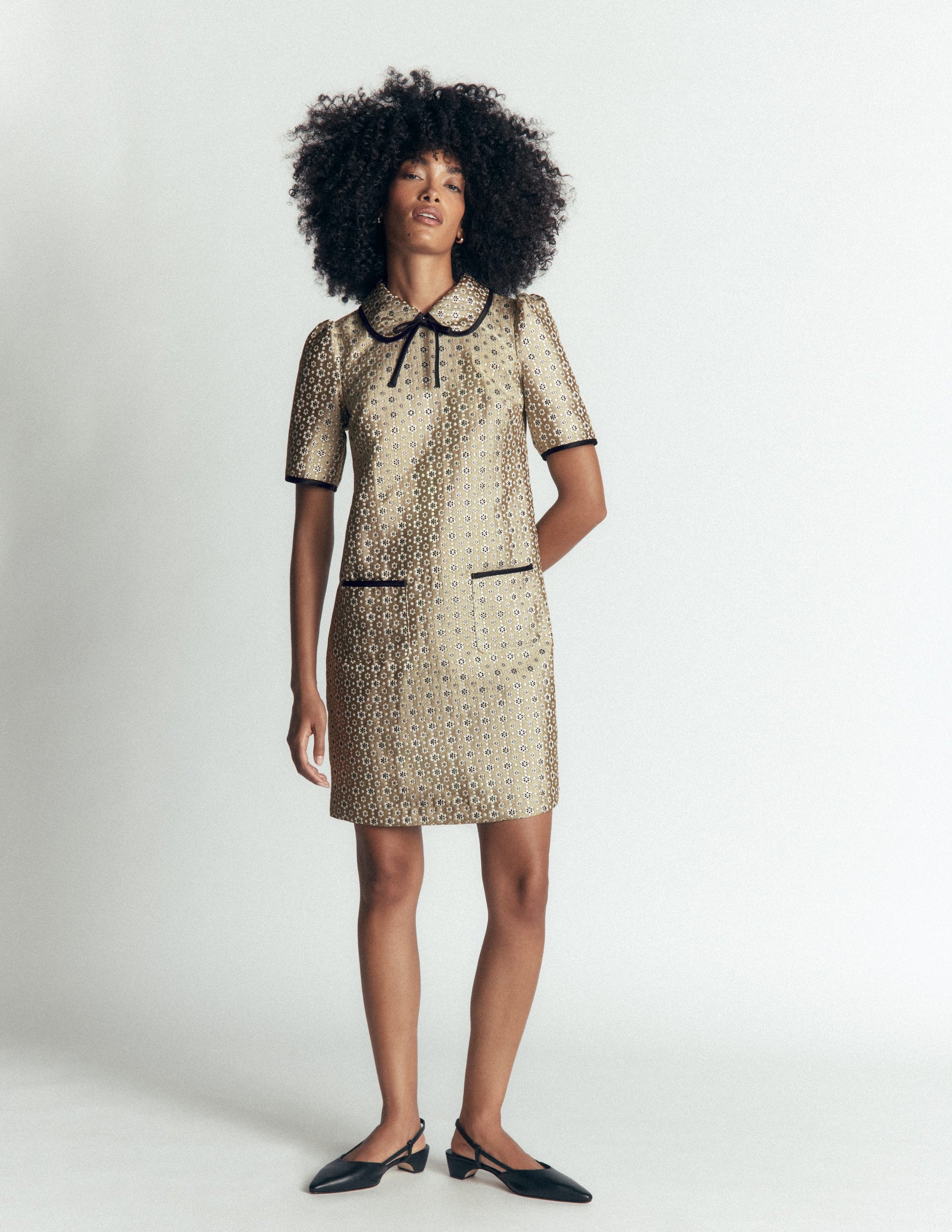 Bow Detail Pocket Shift Dress-Gold Jacquard-3