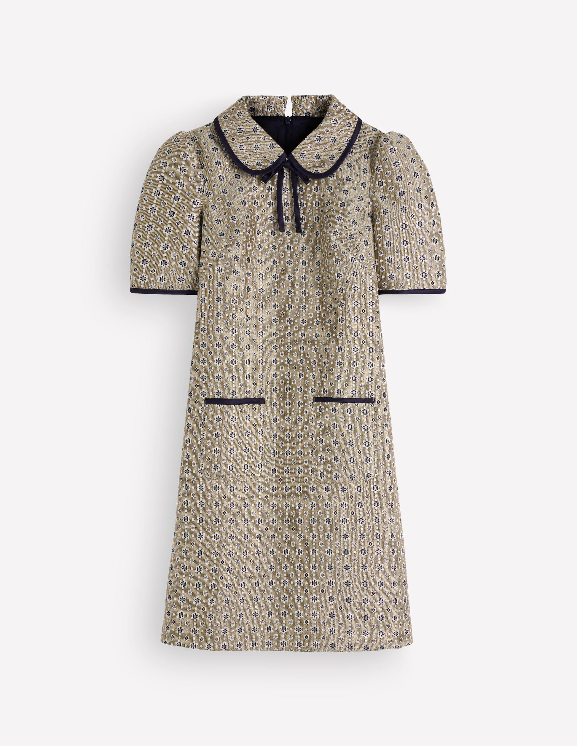 Bow Detail Pocket Shift Dress-Gold Jacquard-7