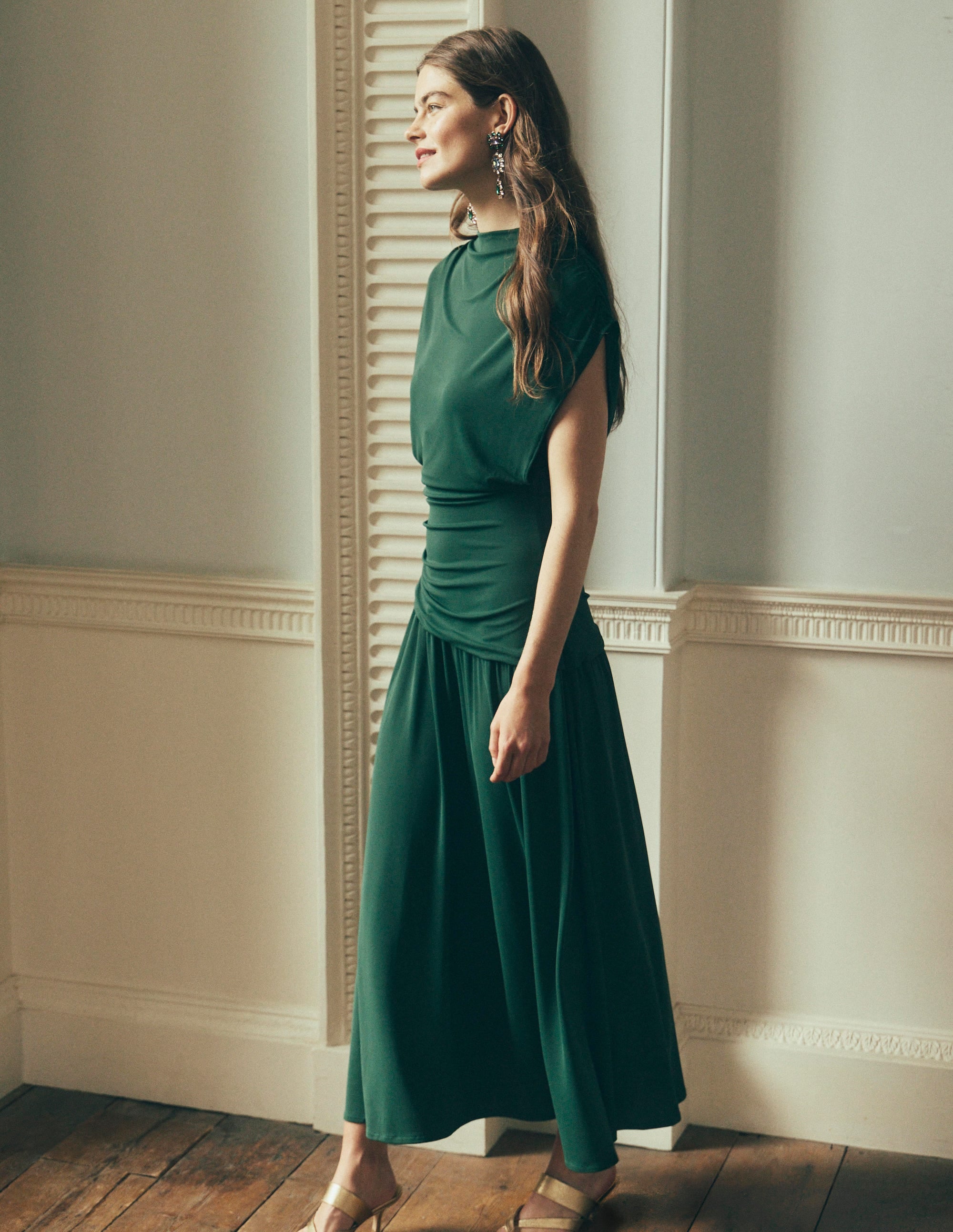 Drape Jersey Crepe Maxi Dress-Hunter Green - Image 1