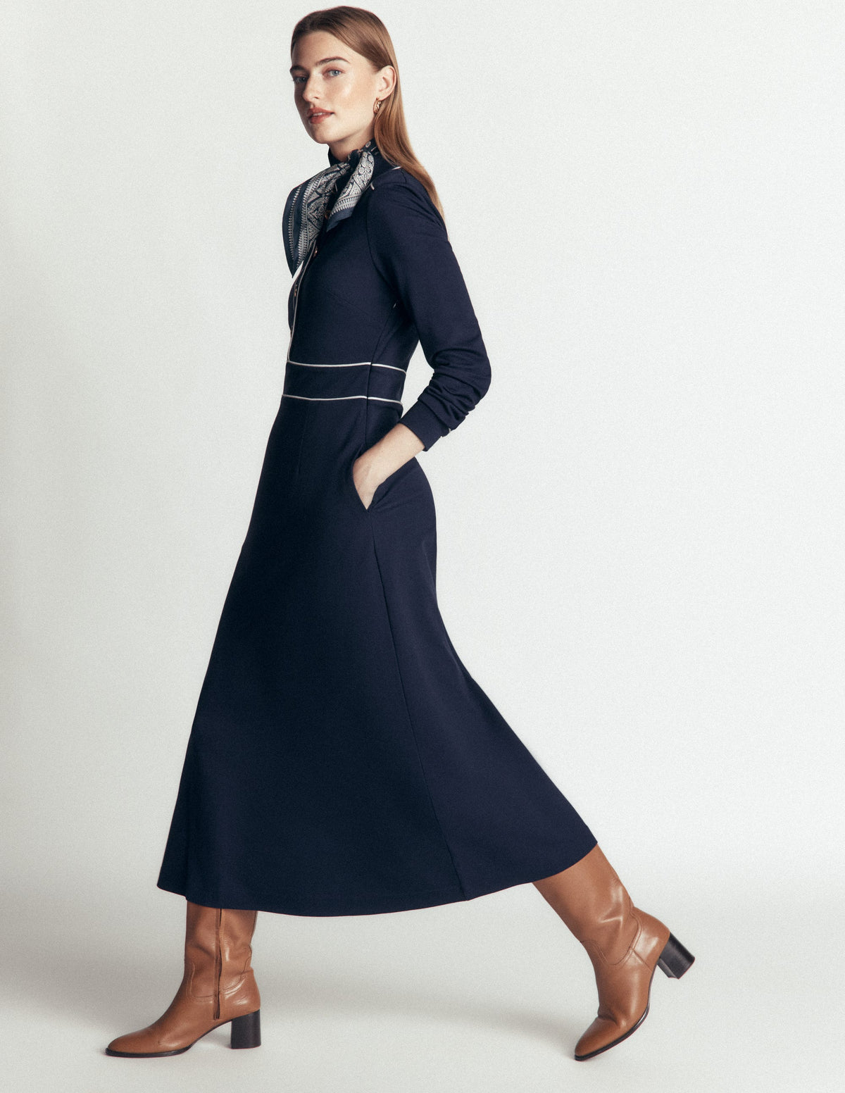 Etta Piping Detail Ponte Dress-Navy, Ivory - Image 2