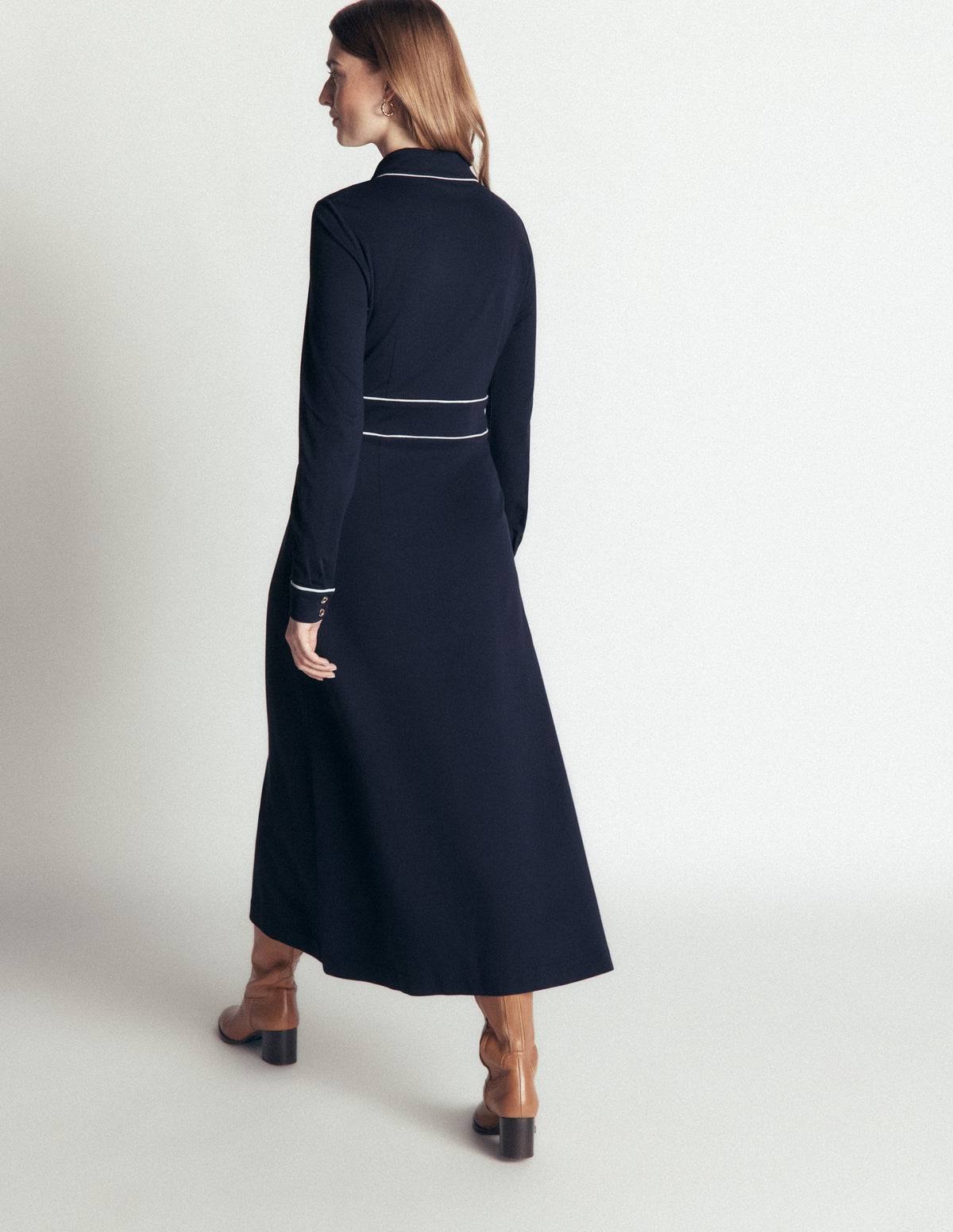 Etta Piping Detail Ponte Dress-Navy, Ivory - Image 3