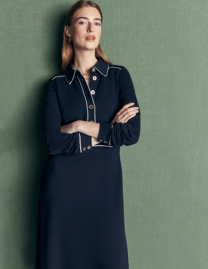Etta Piping Detail Ponte Dress-Navy, Ivory