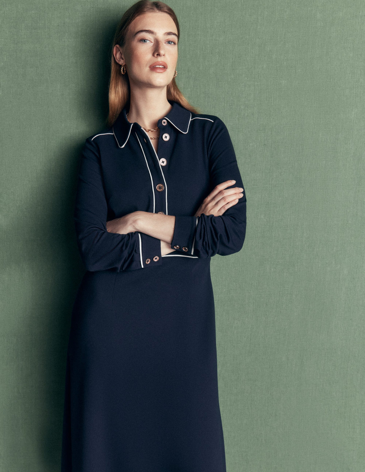Etta Piping Detail Ponte Dress-Navy, Ivory-1