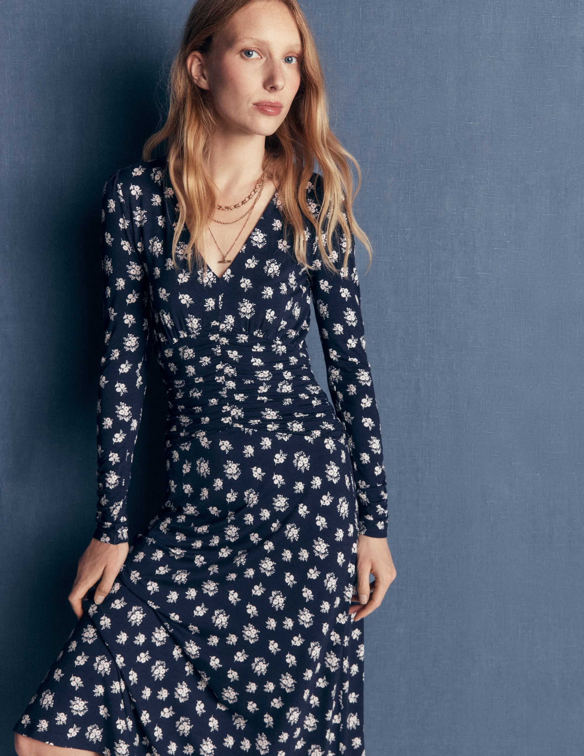 Mya Ruched Jersey Midi Dress-French Navy, Delicate Garden - Image 1