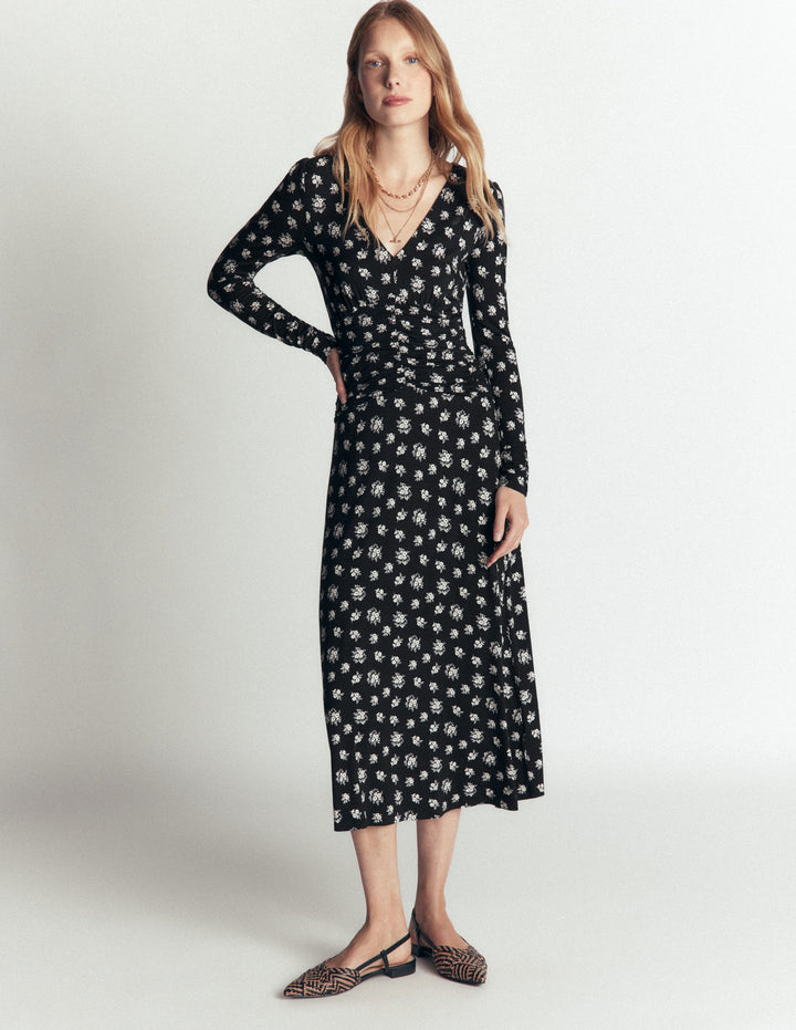 Mya Ruched Jersey Midi Dress-French Navy, Delicate Garden