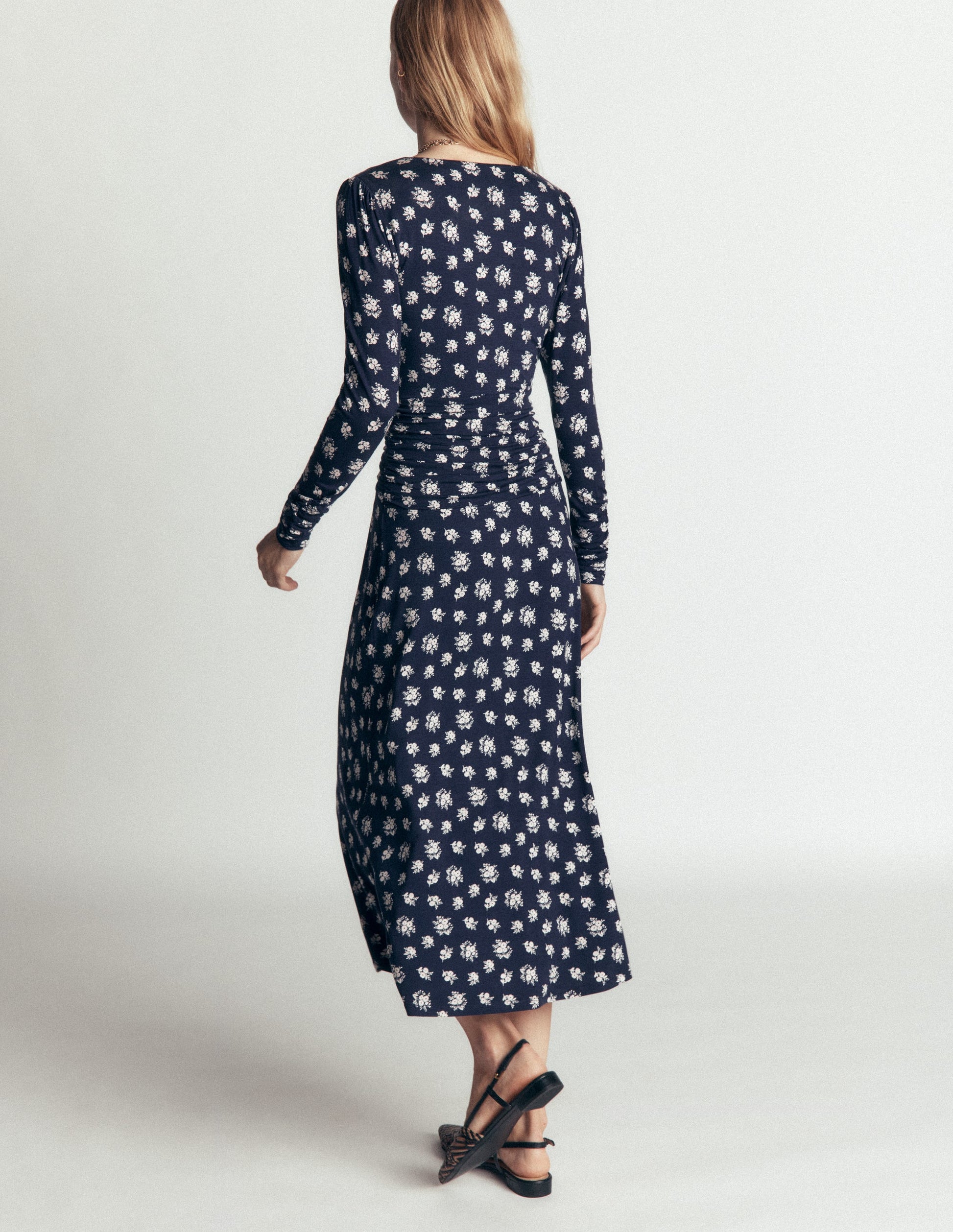 Mya Ruched Jersey Midi Dress-French Navy, Delicate Garden-3