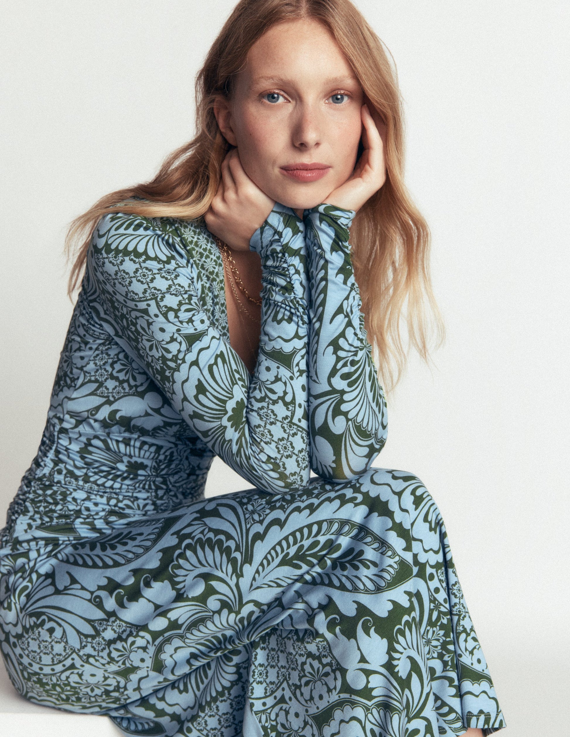 Mya Ruched Jersey Midi Dress-Forest Green, Botanical Medley-1